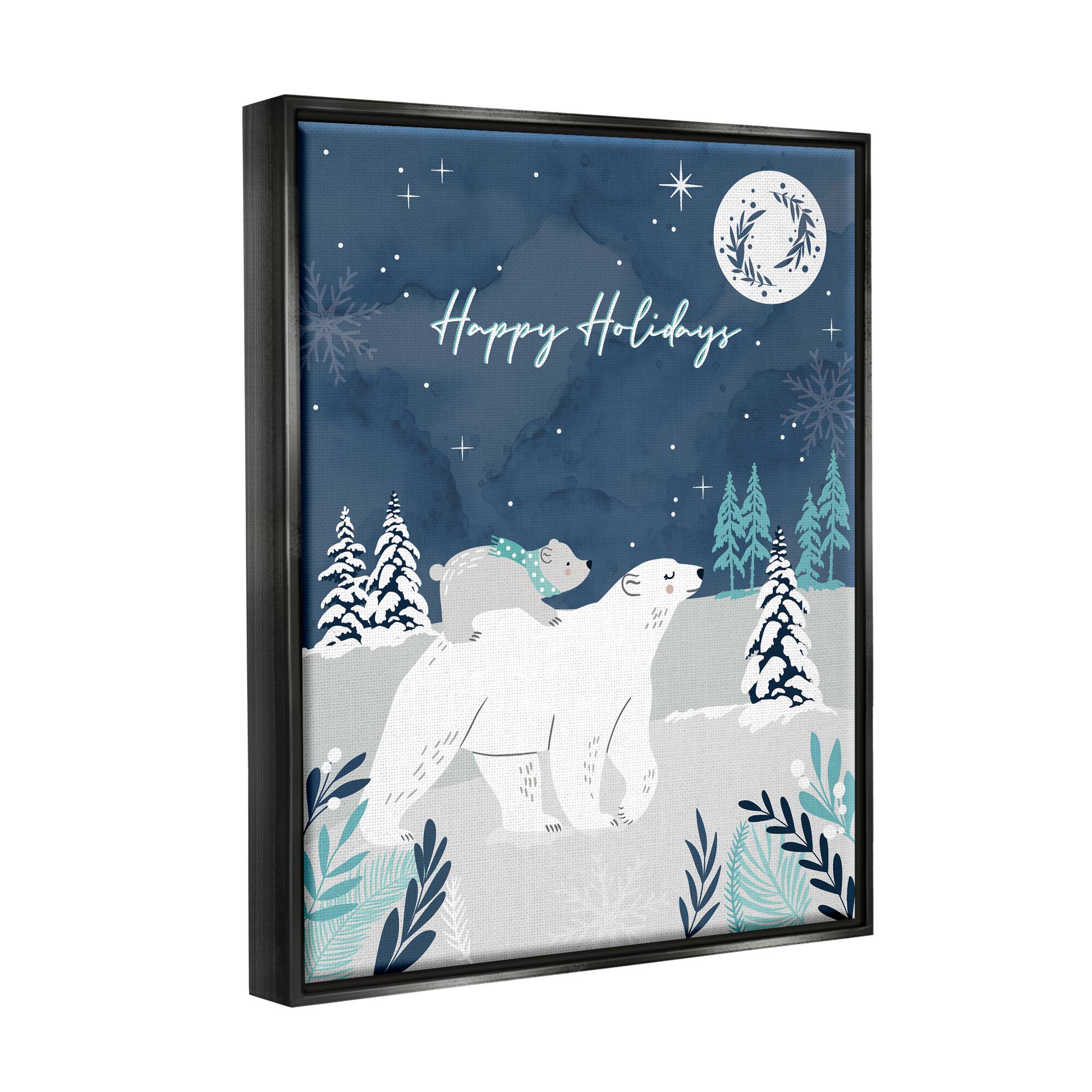 Stupell Industries Happy Holidays Winter Snow Bears Framed Floater Canvas Wall Art