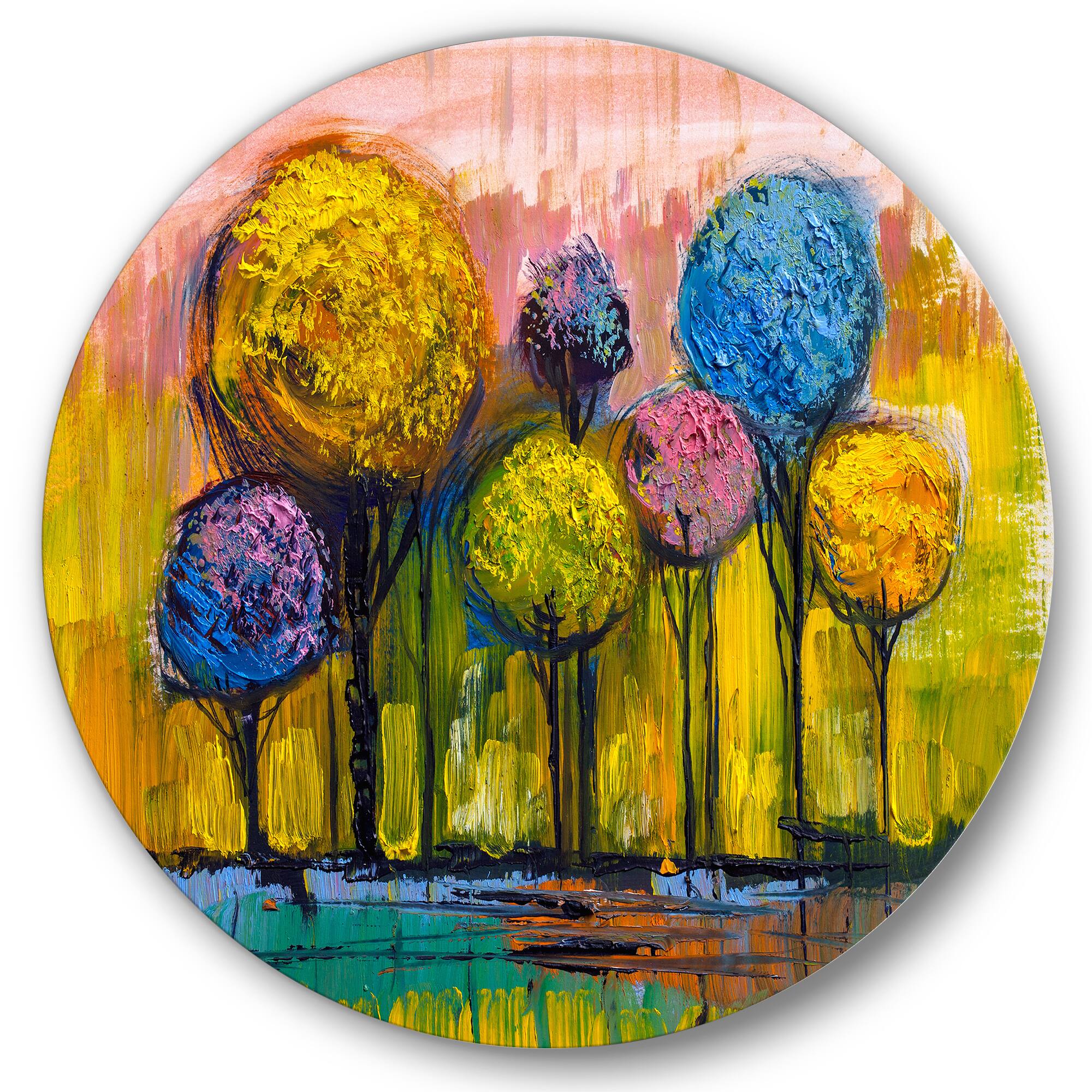 Designart - Colourful Trees Impressionist Landscape IV - Modern Metal Circle Wall Art
