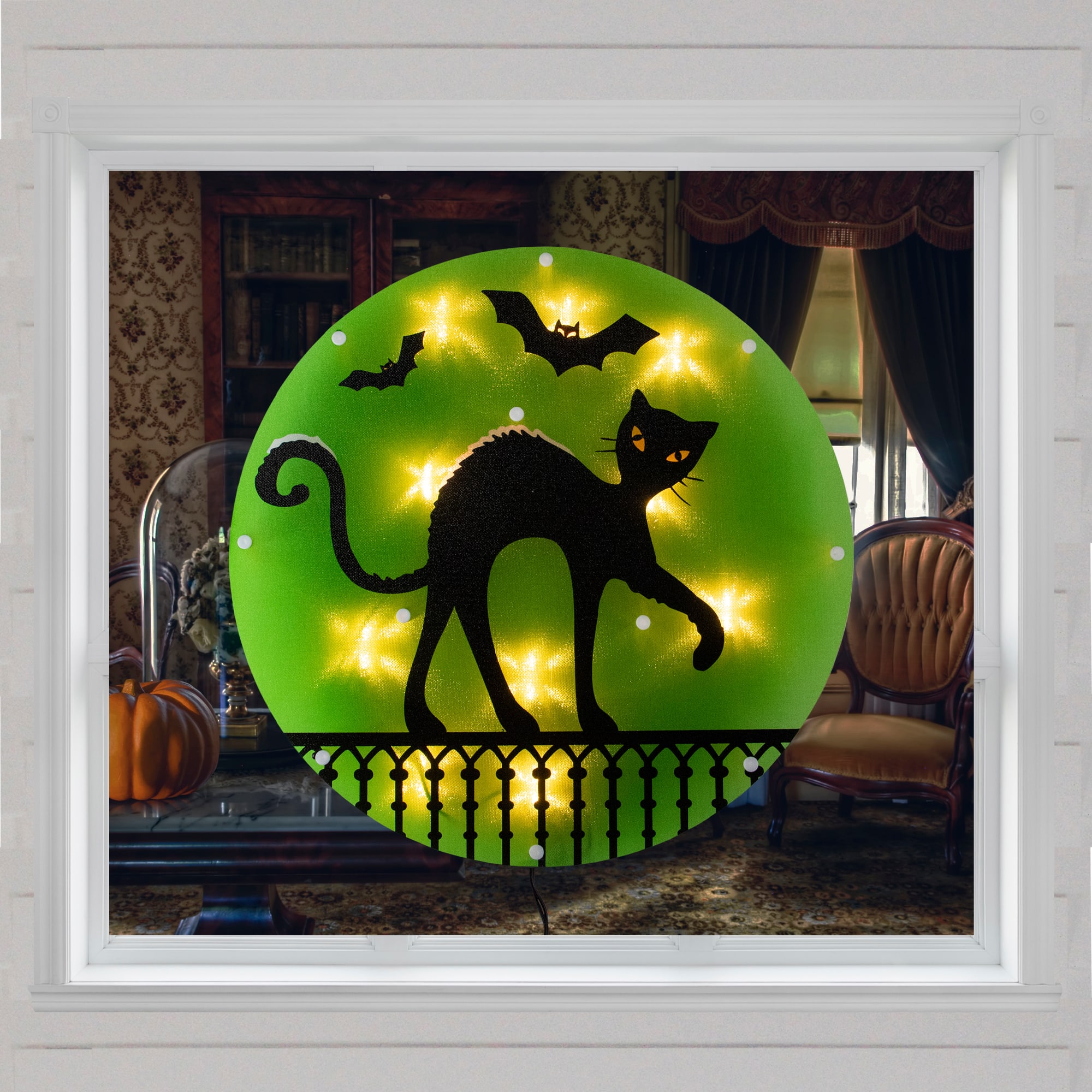 Lighted Black Cat Halloween Window Silhouette