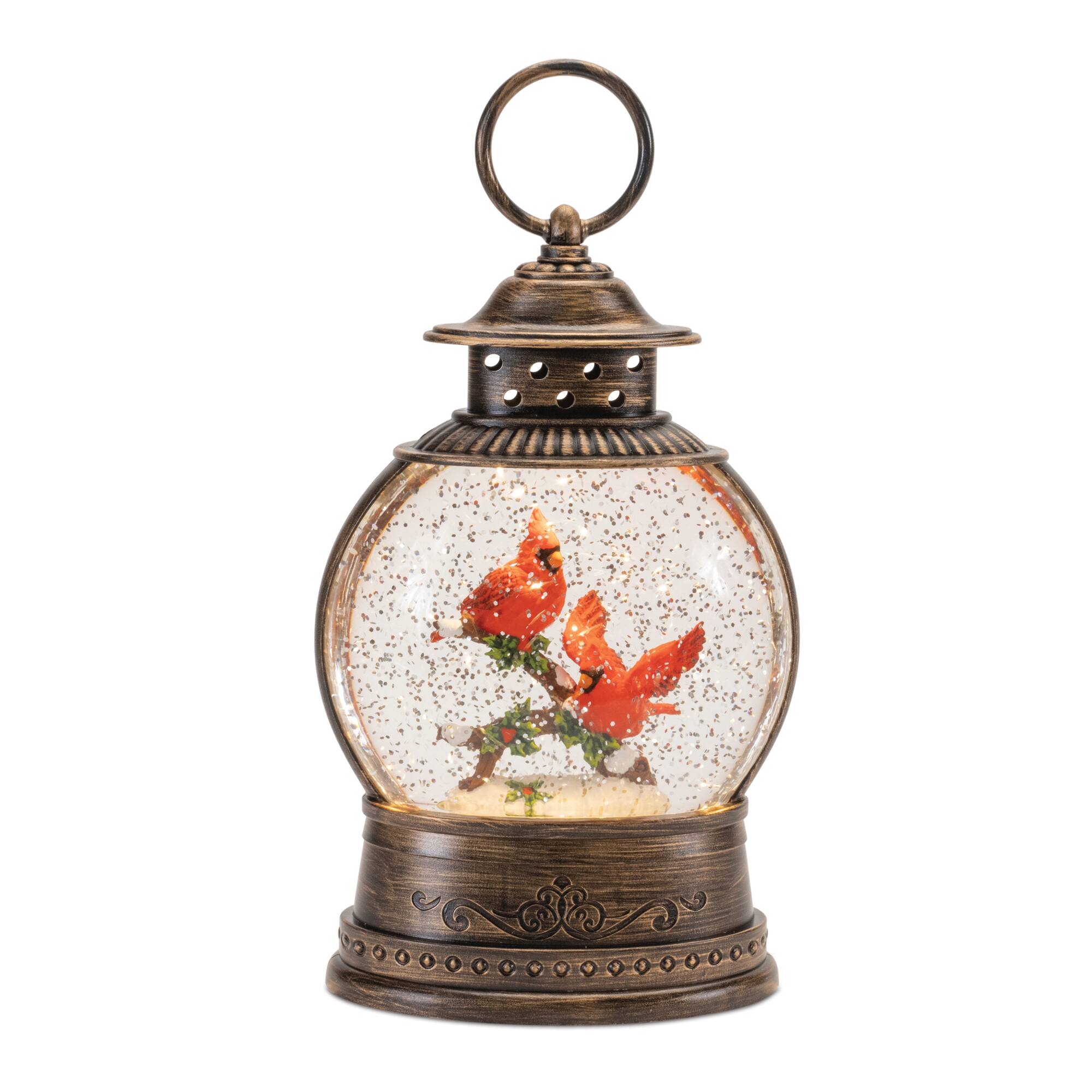 8.25" LED Snow Globe Lantern with Cardinal Bird Couple