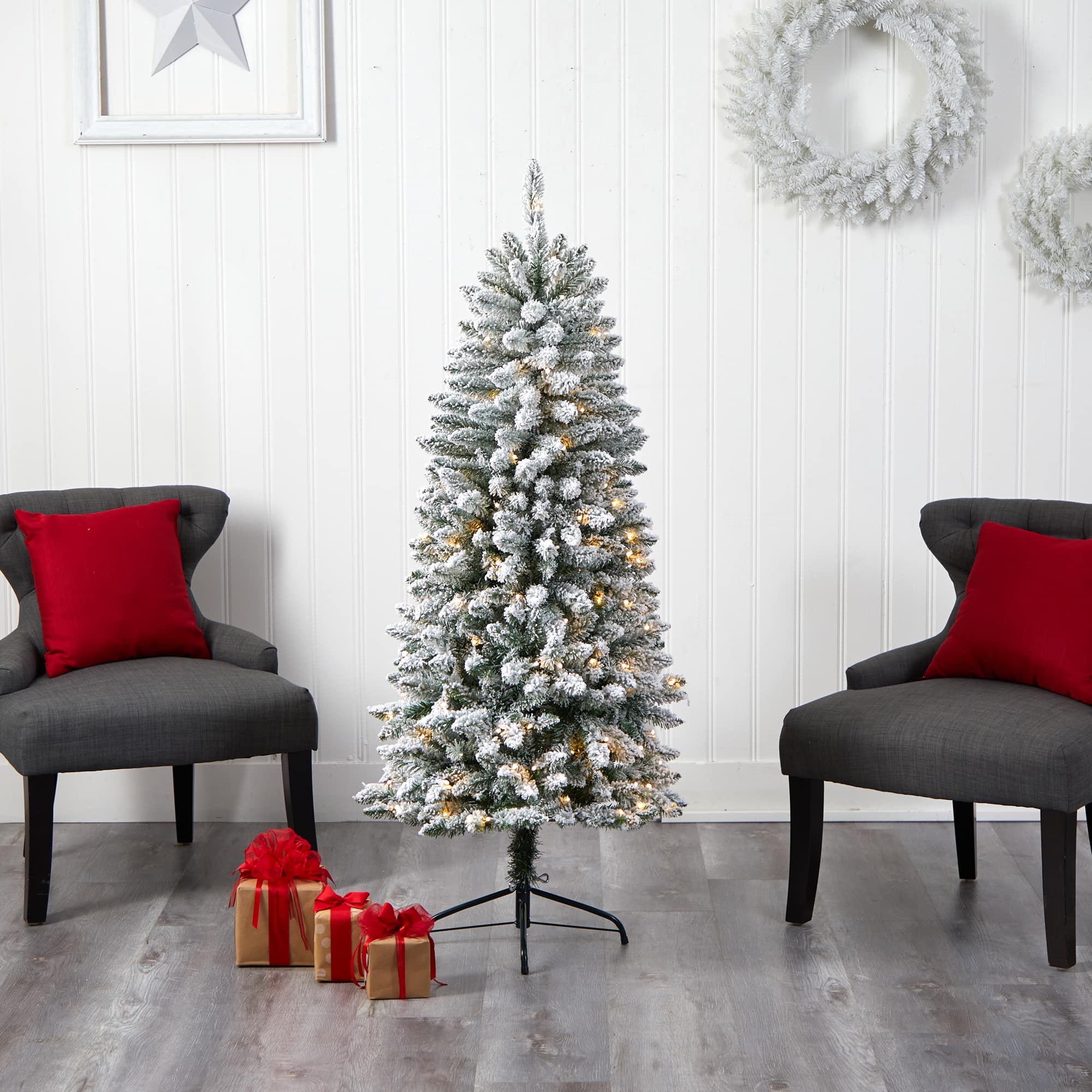 5ft. Pre-Lit Flocked Montreal Fir Artificial Christmas Tree, Warm White LED Lights