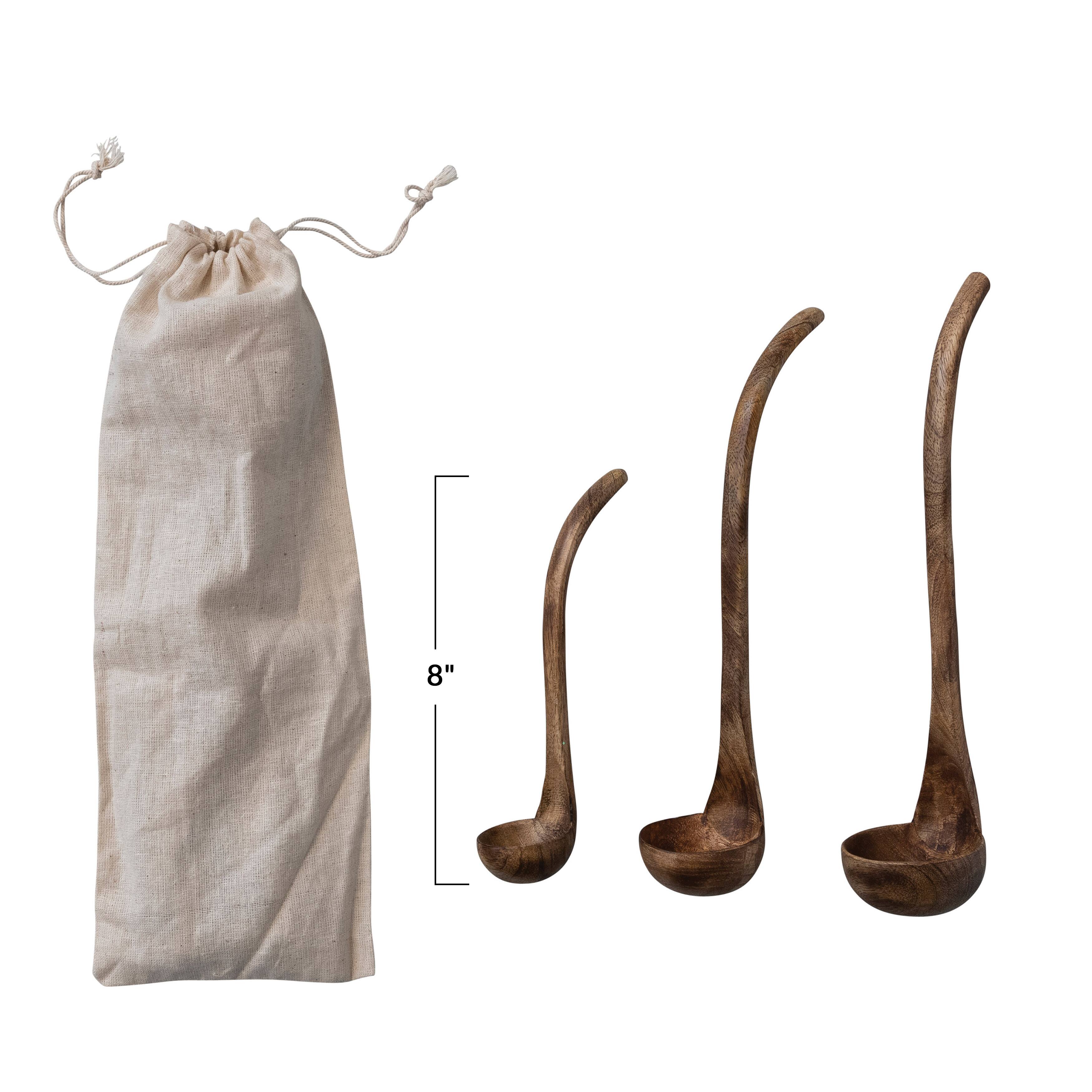 Natural Walnut Finish Wood Ladle Set in Drawstring Bag