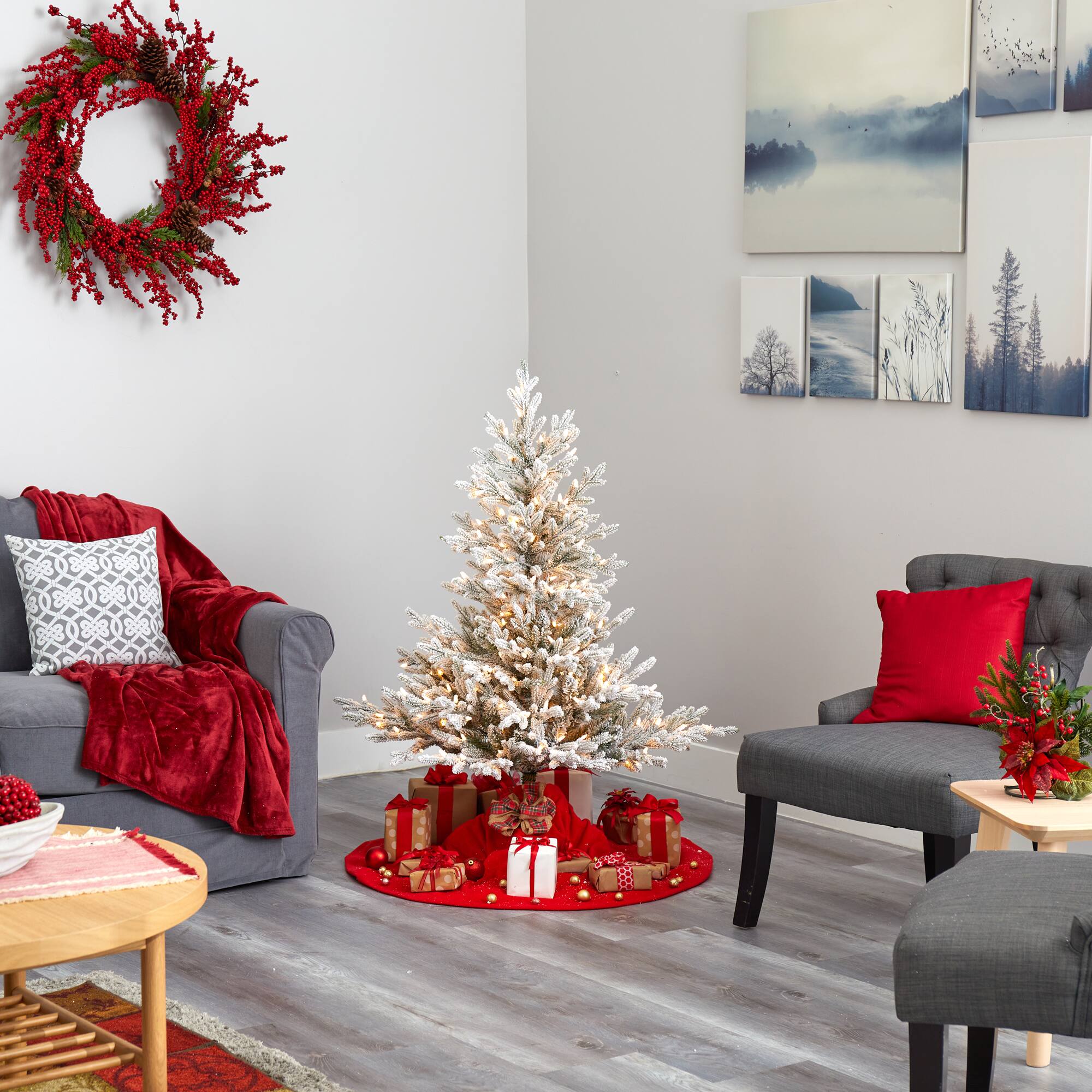 4ft. Pre-Lit Flocked Fraser Fir Artificial Christmas Tree with Warm White LED Lights