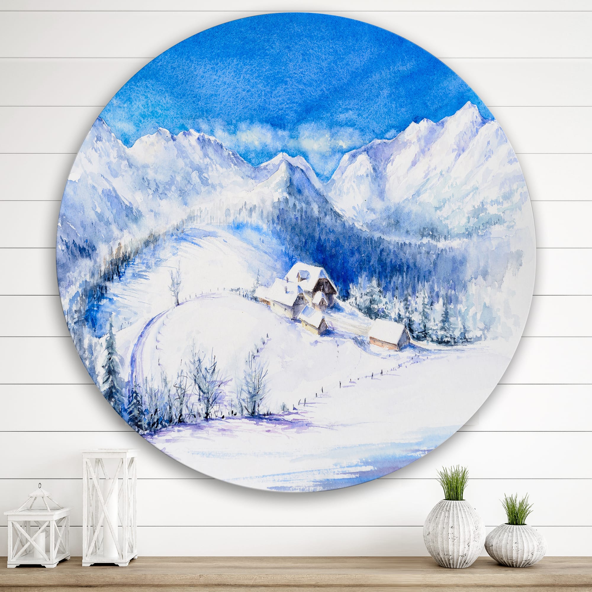 Designart - Winter Mountain Landscape With Wooden House - Traditional Metal Circle Wall Art
