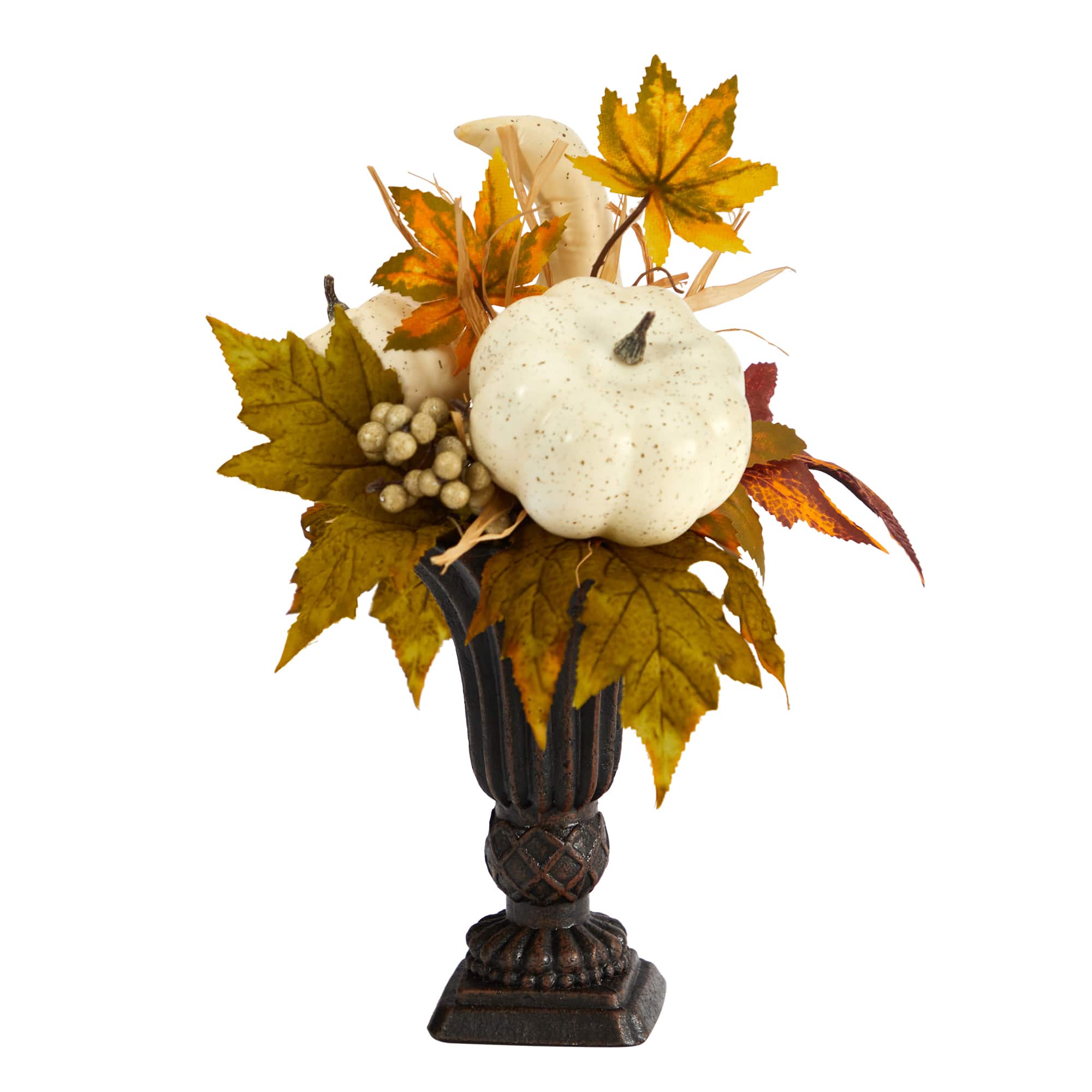 13" Pumpkin And Berries Autumn Arrangement In Decorative Urn