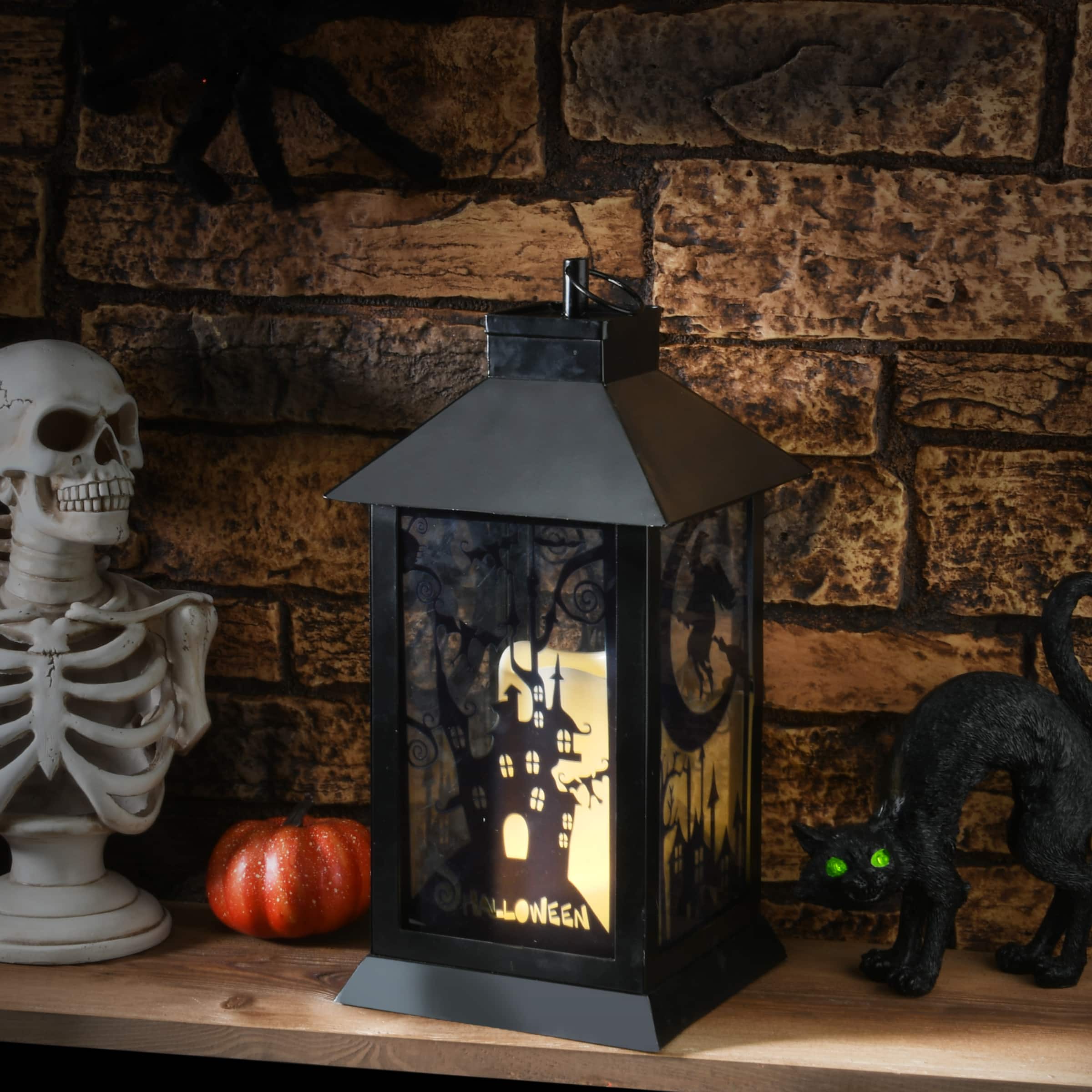 16&#x22; Black Halloween Haunted House Lantern
