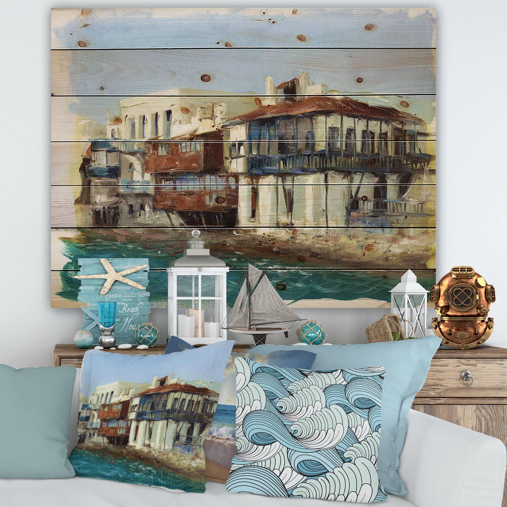 Designart - Old Houses On The Island of Mykonos Greece - Nautical &#x26; Coastal Print on Natural Pine Wood