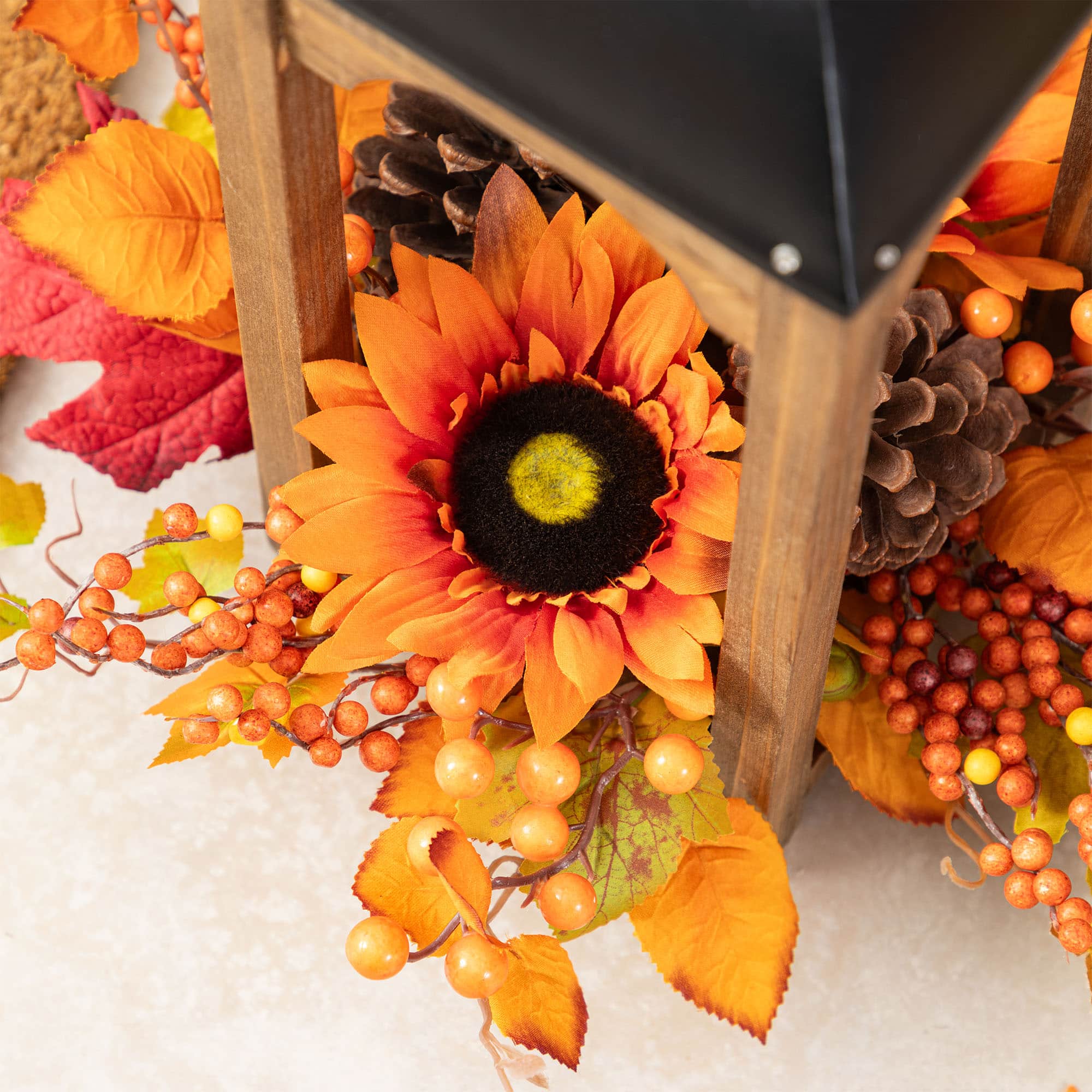 Glitzhome&#xAE; 20&#x22; Fall Sunflower, Pinecone and Berry Wood Lantern Centerpiece