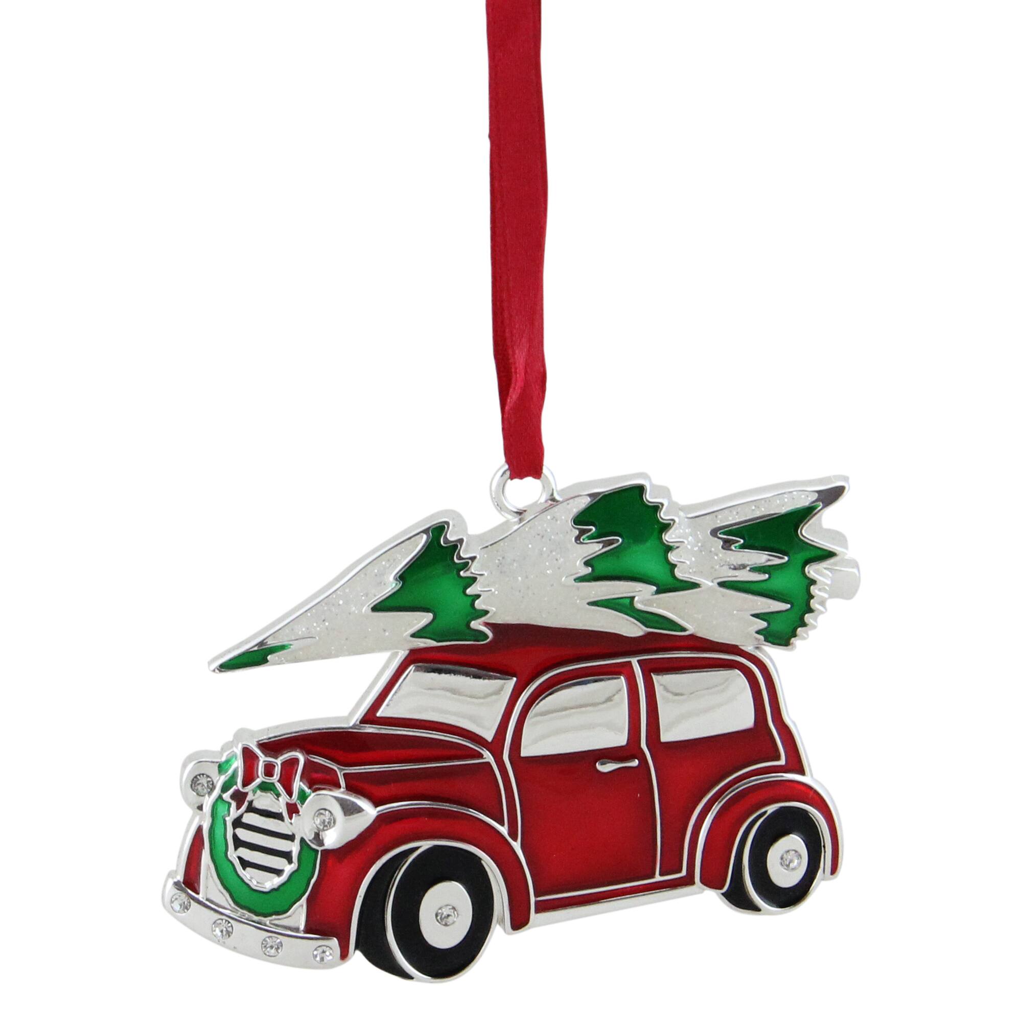 3" Red & White Car with Tree Christmas Ornament