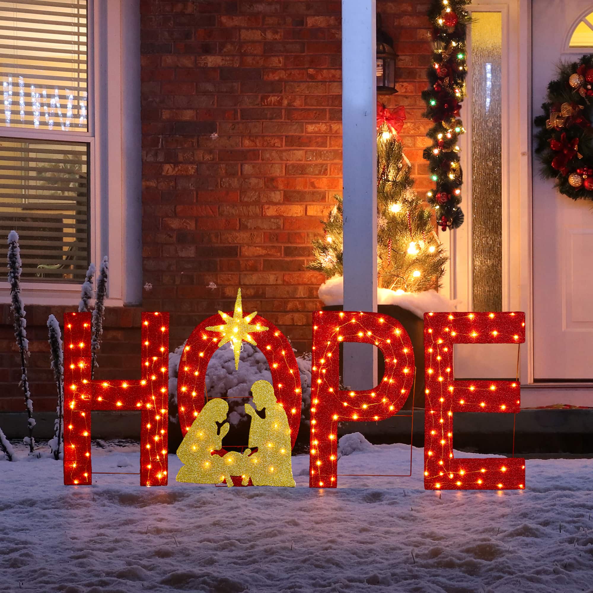 Glitzhome&#xAE; 80.75&#x22;L Lighted Christmas 2D Fabric Nativity HOPE Outdoor Decor Set