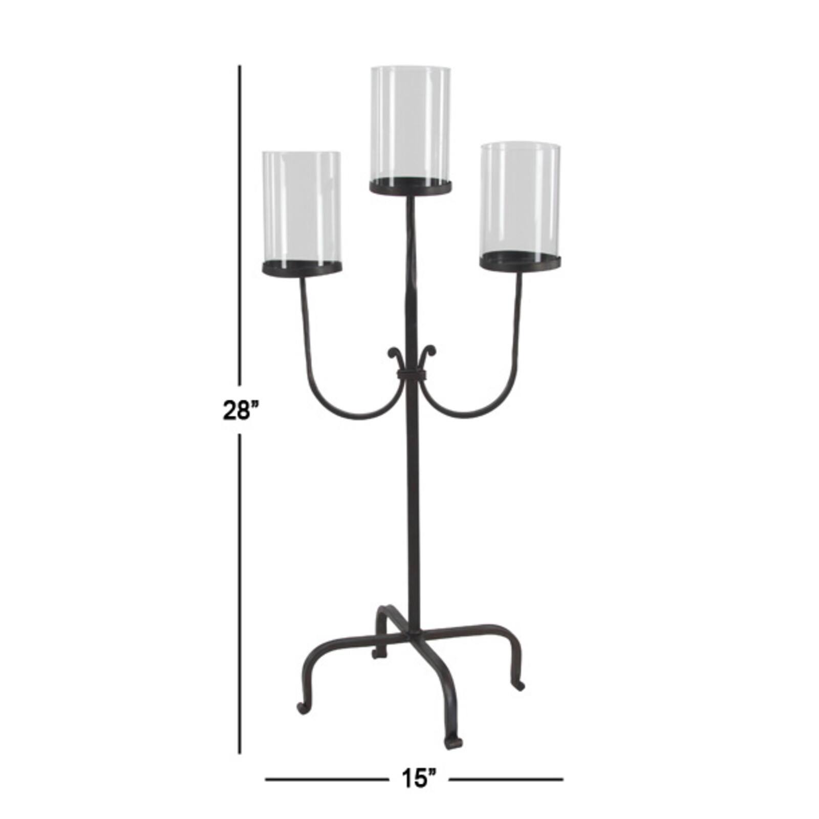 Traditional Black Metal and Glass 3-Light Candelabra, 28" x 15" x 12"
