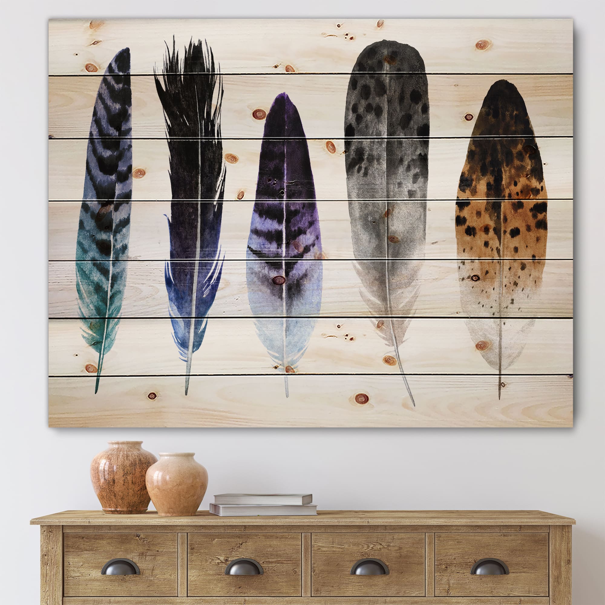 Designart - Colourful Boho Feathers II - Bohemian &#x26; Eclectic Print on Natural Pine Wood