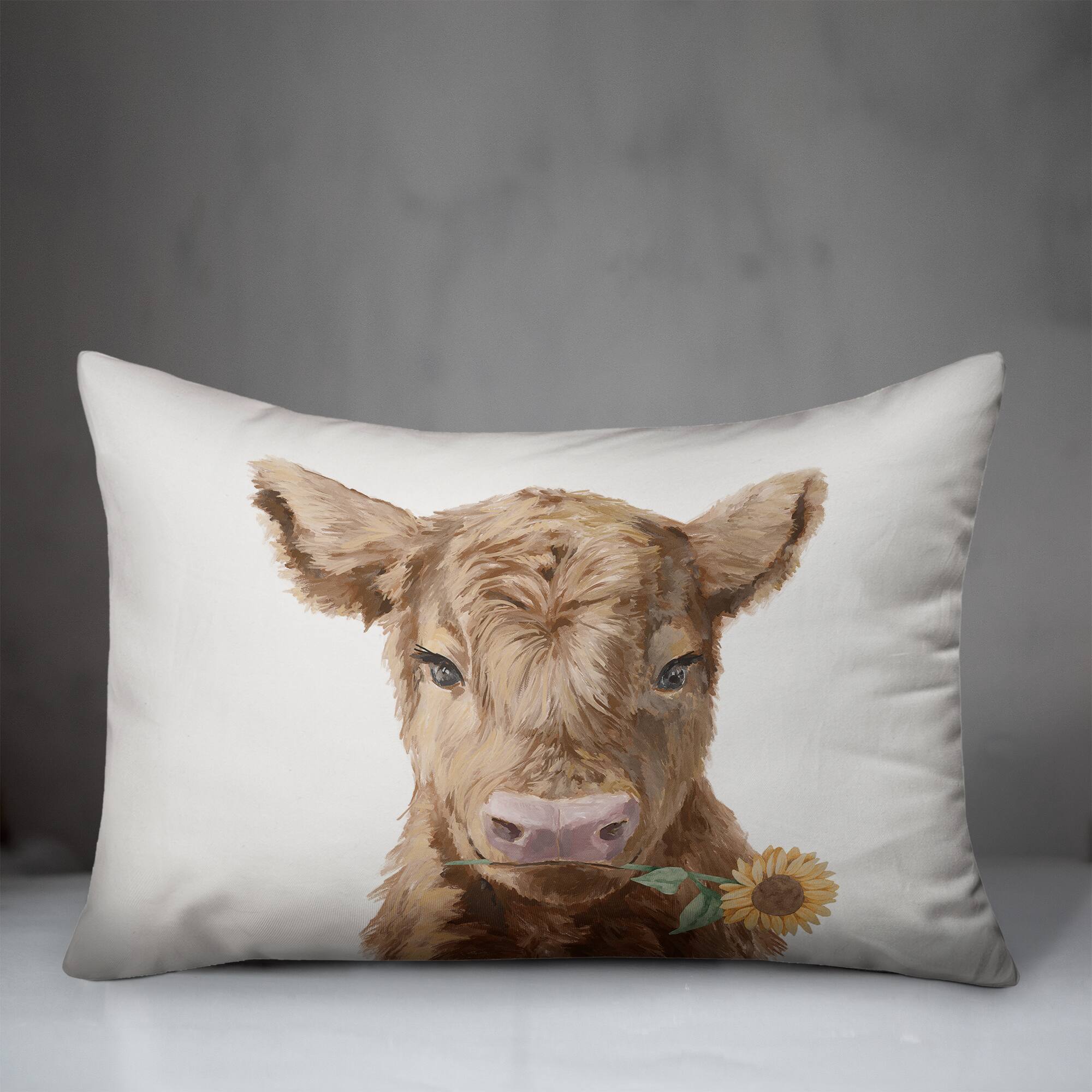 Baby Highland Cow with Sunflower Indoor & Outdoor Throw Pillow