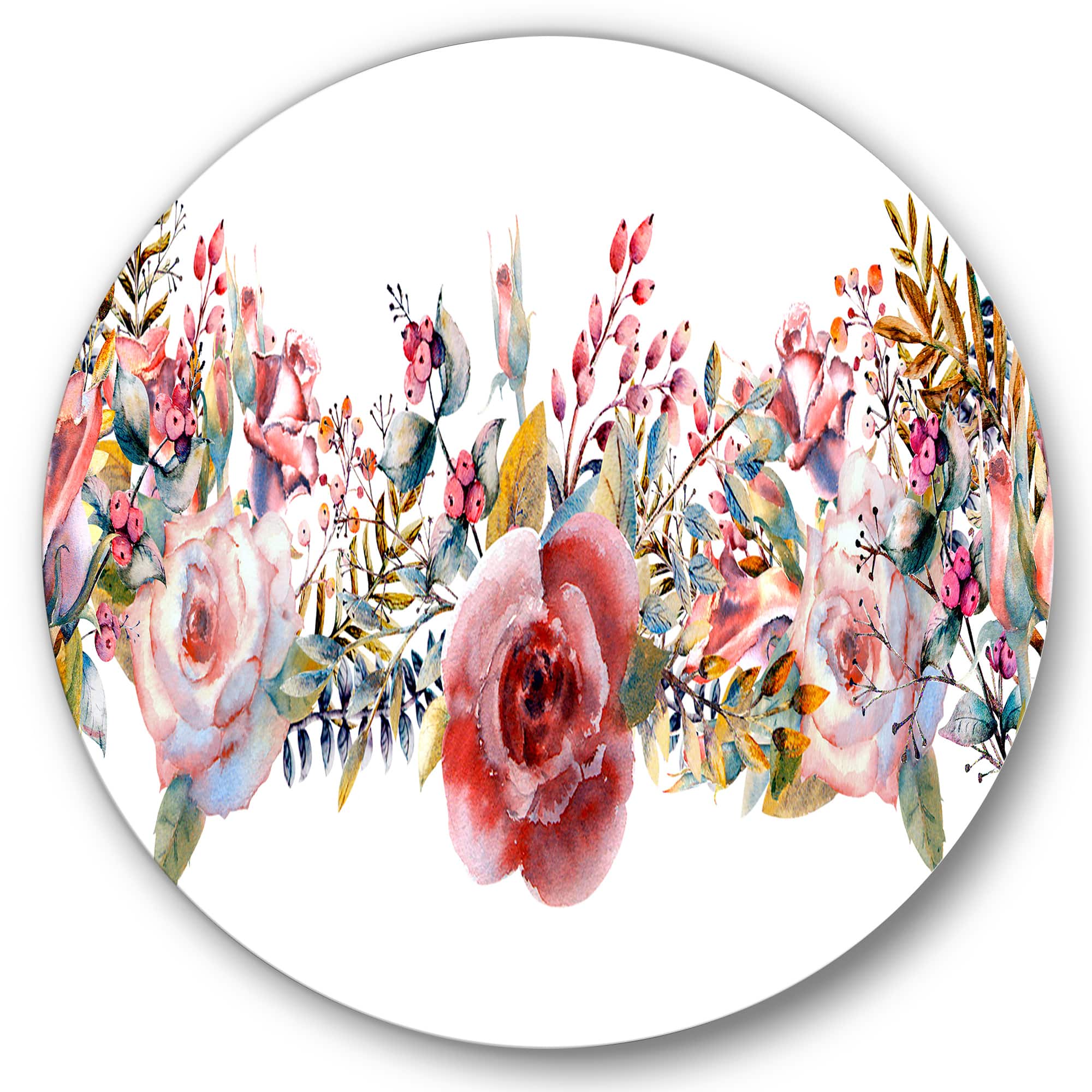Designart - Pink Roses and Wildflower - Farmhouse Metal Circle Wall Art