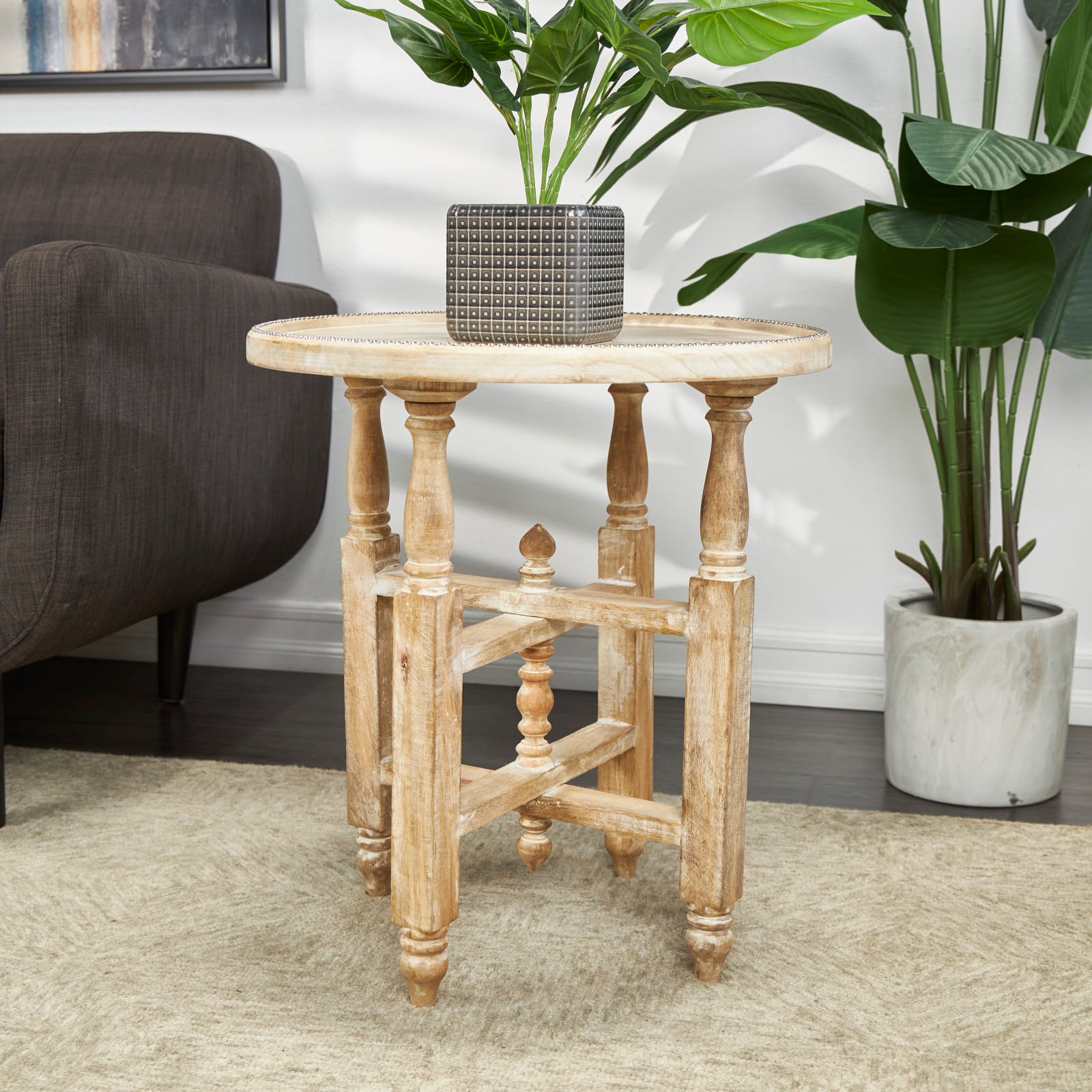 23" Cream Mango Wood Whitewashed Accent Table with Silver Beaded Rim and Turned Legs
