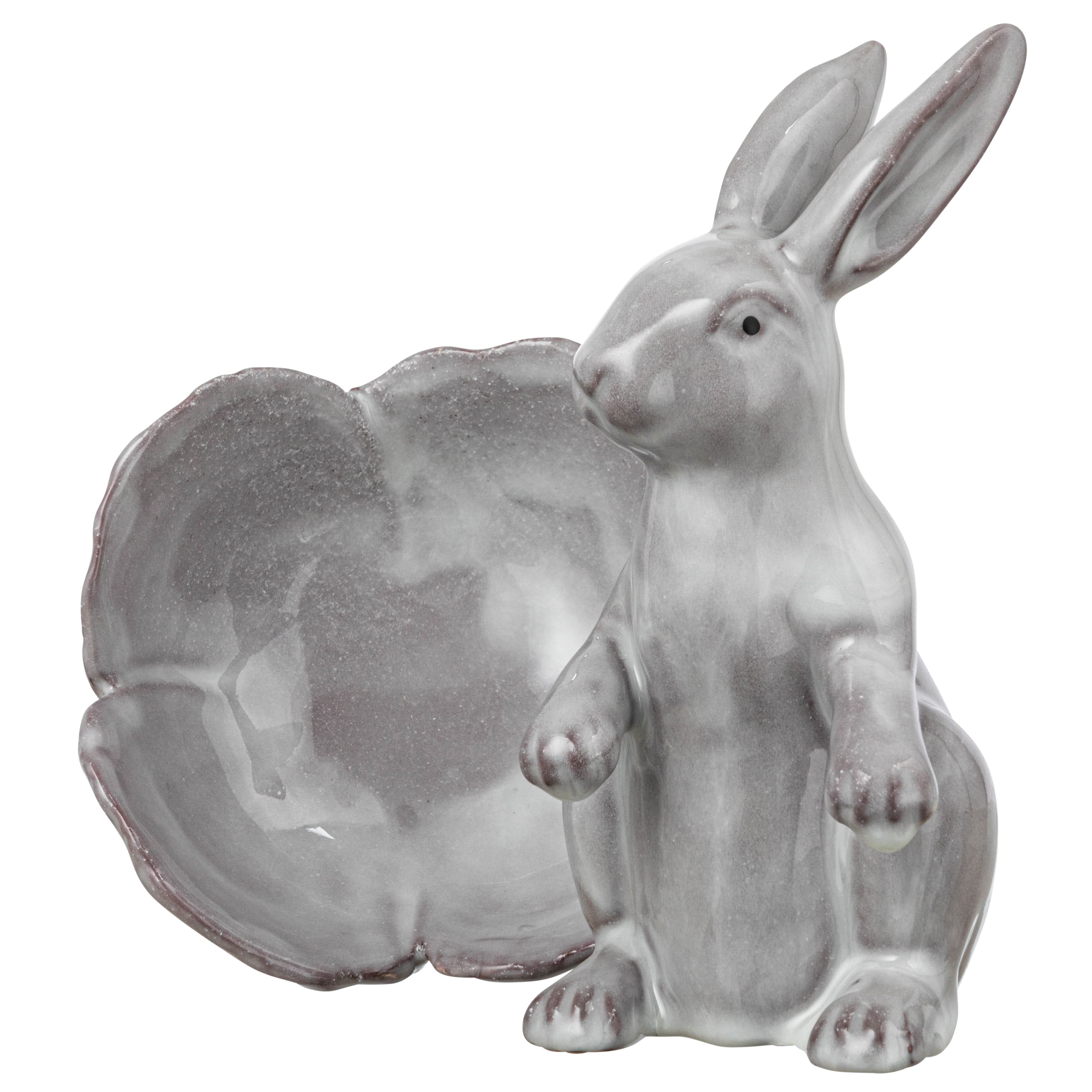 8&#x22; White Stoneware Rabbit Figurine with Flower Shaped Bowl