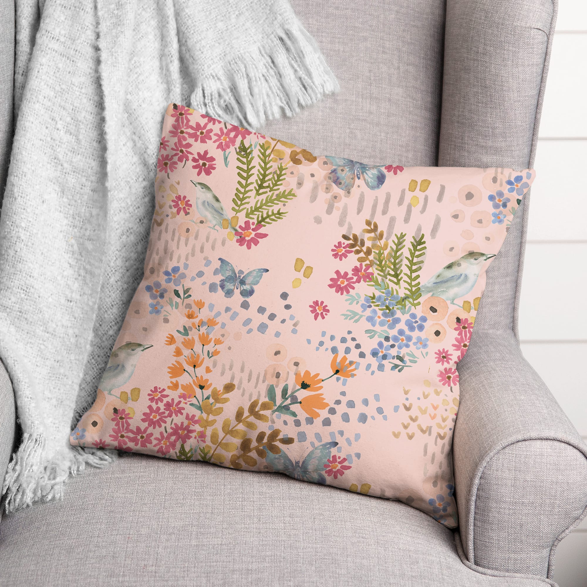 Butterfly Bird Floral Square Throw Pillow