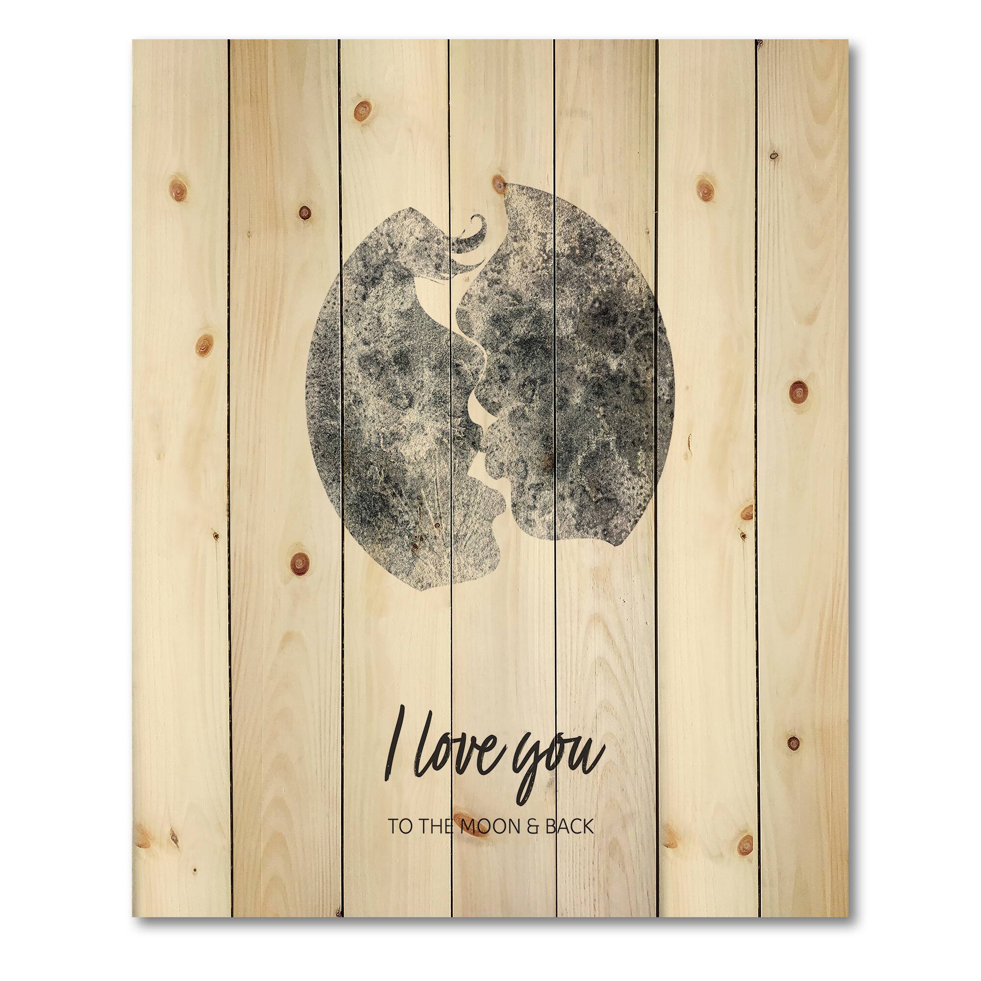 Designart - Romantic Moon Kiss of Two Lovers - Modern Print on Natural Pine Wood