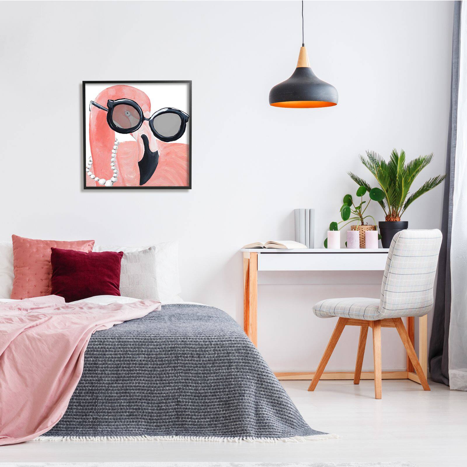 Stupell Industries Glam Fashion Pink Flamingo Sunglasses Pearls Bird Framed Wall Art