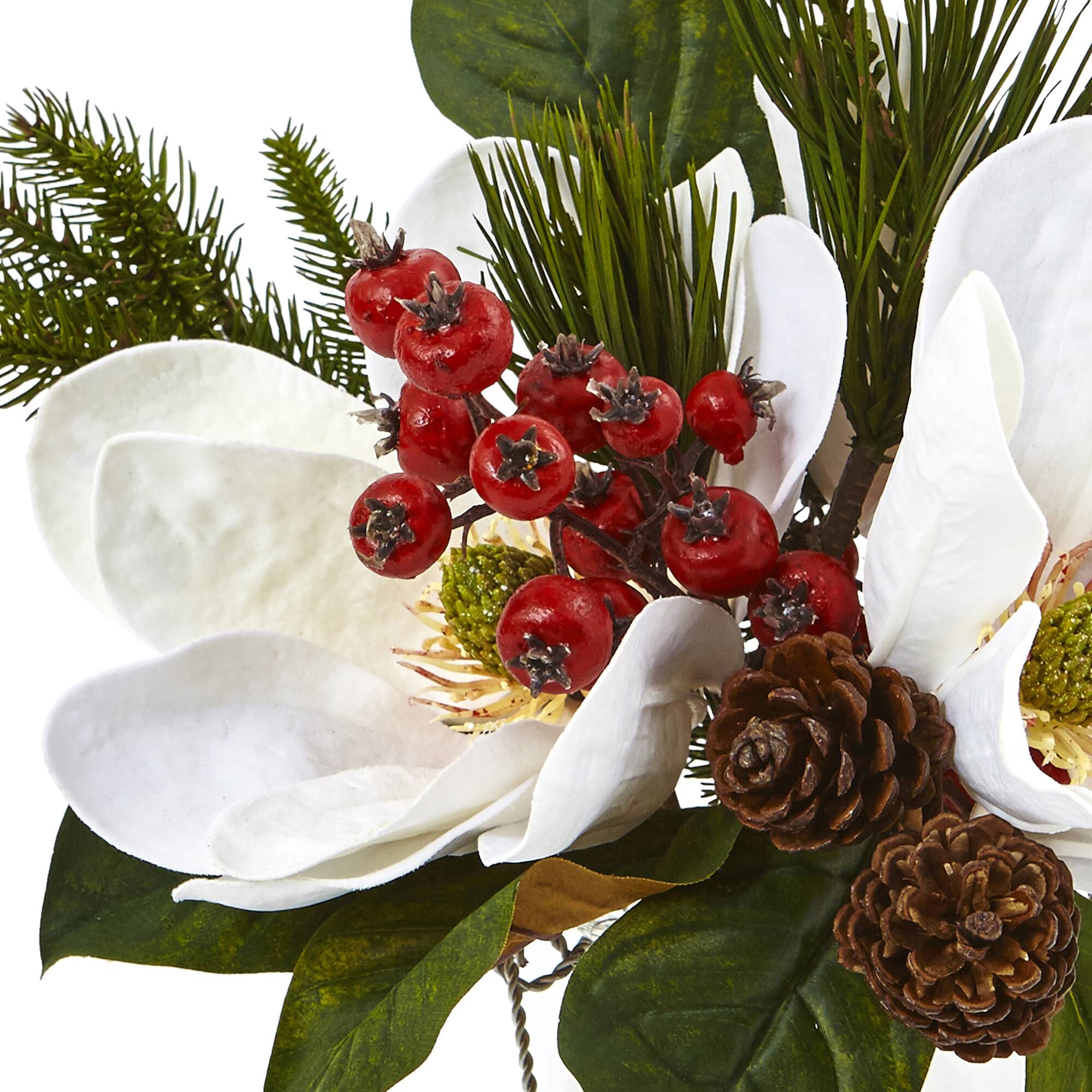 12&#x22; Magnolia, Pine &#x26; Berry Arrangement in Glass Vase