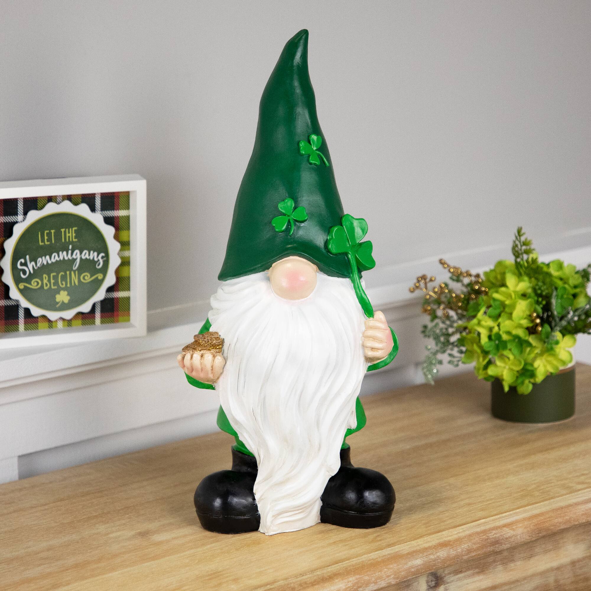 16.25" St. Patrick's Day Shamrock Gnome Outdoor Garden Statue