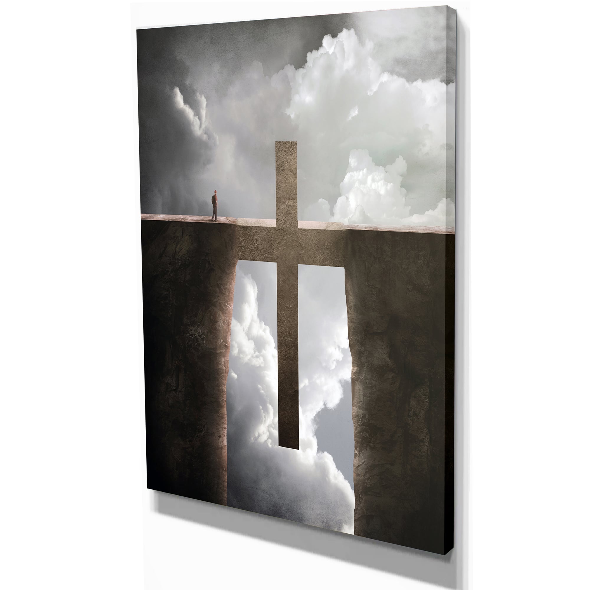 Designart - Big Cross between Two Cliffs - Landscapes Spiritual Religious on Wrapped Canvas