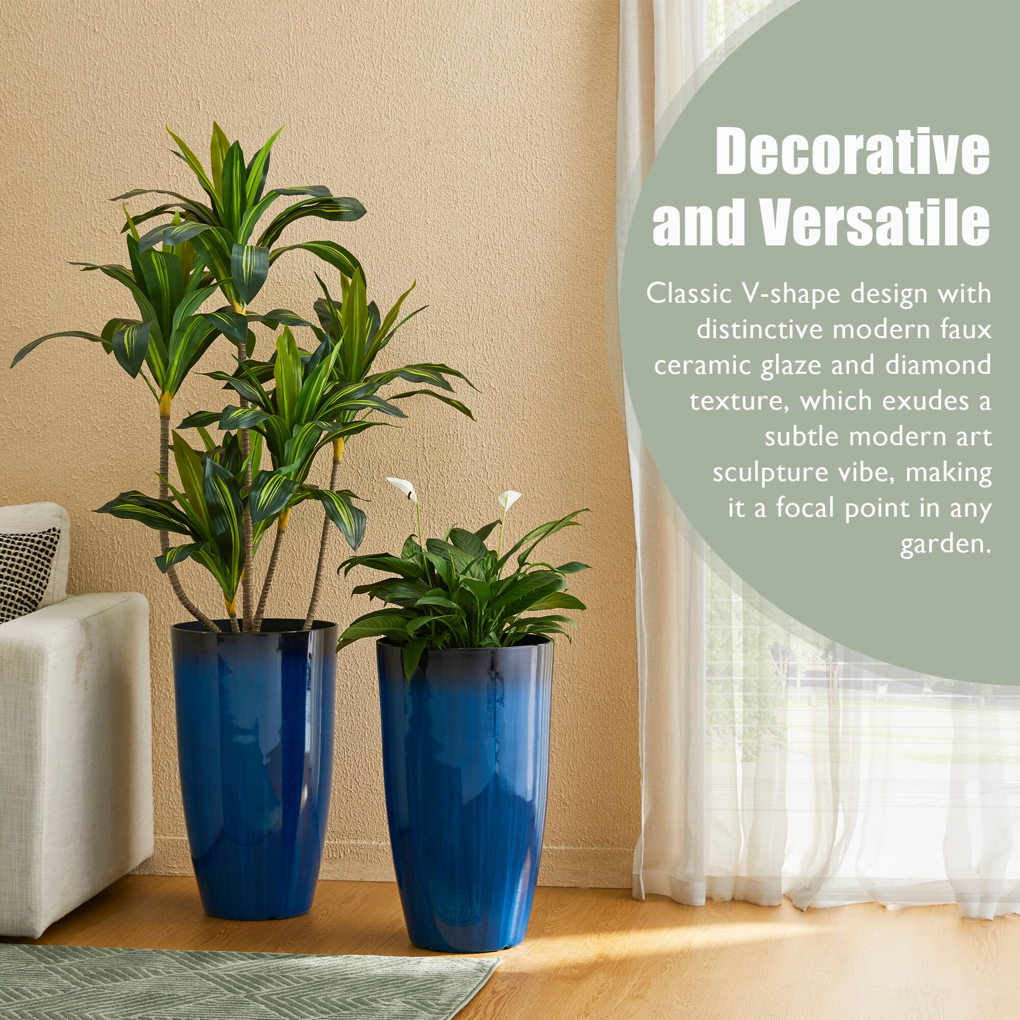 Glitzhome® 23.5" Gradient Cobalt Blue Faux Ceramic Tall Plastic Planters, 2ct.