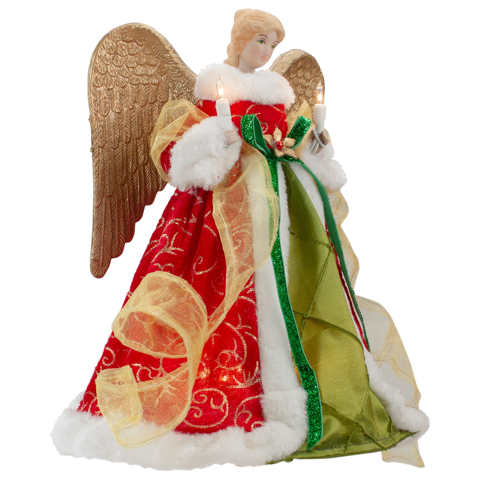 12&#x22; Lighted Red &#x26; Green Angel with Wings Christmas Tree Topper, Clear Lights