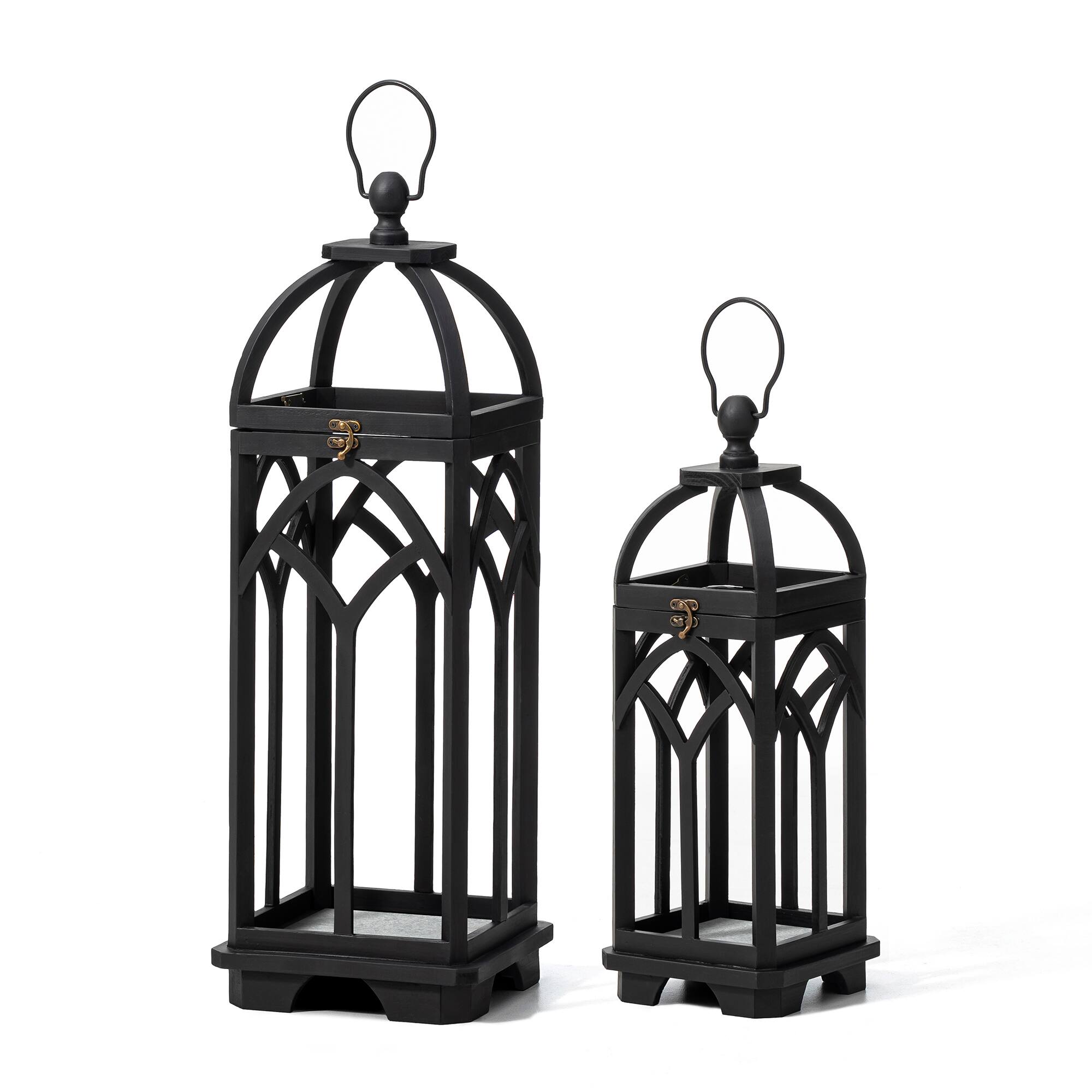 Glitzhome® Black Farmhouse Church Window Wood & Metal Lanterns Set