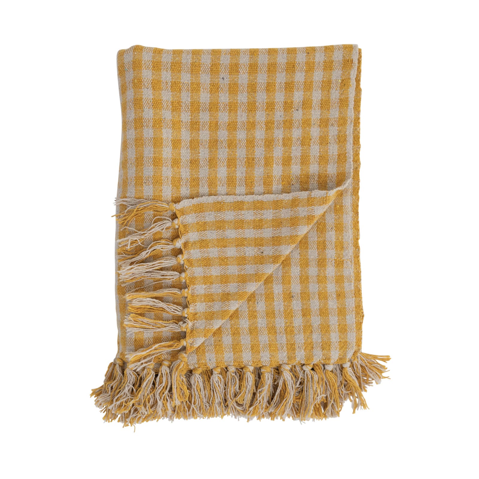 Gingham Woven Recycled Cotton Blend Throw Blanket with Fringe
