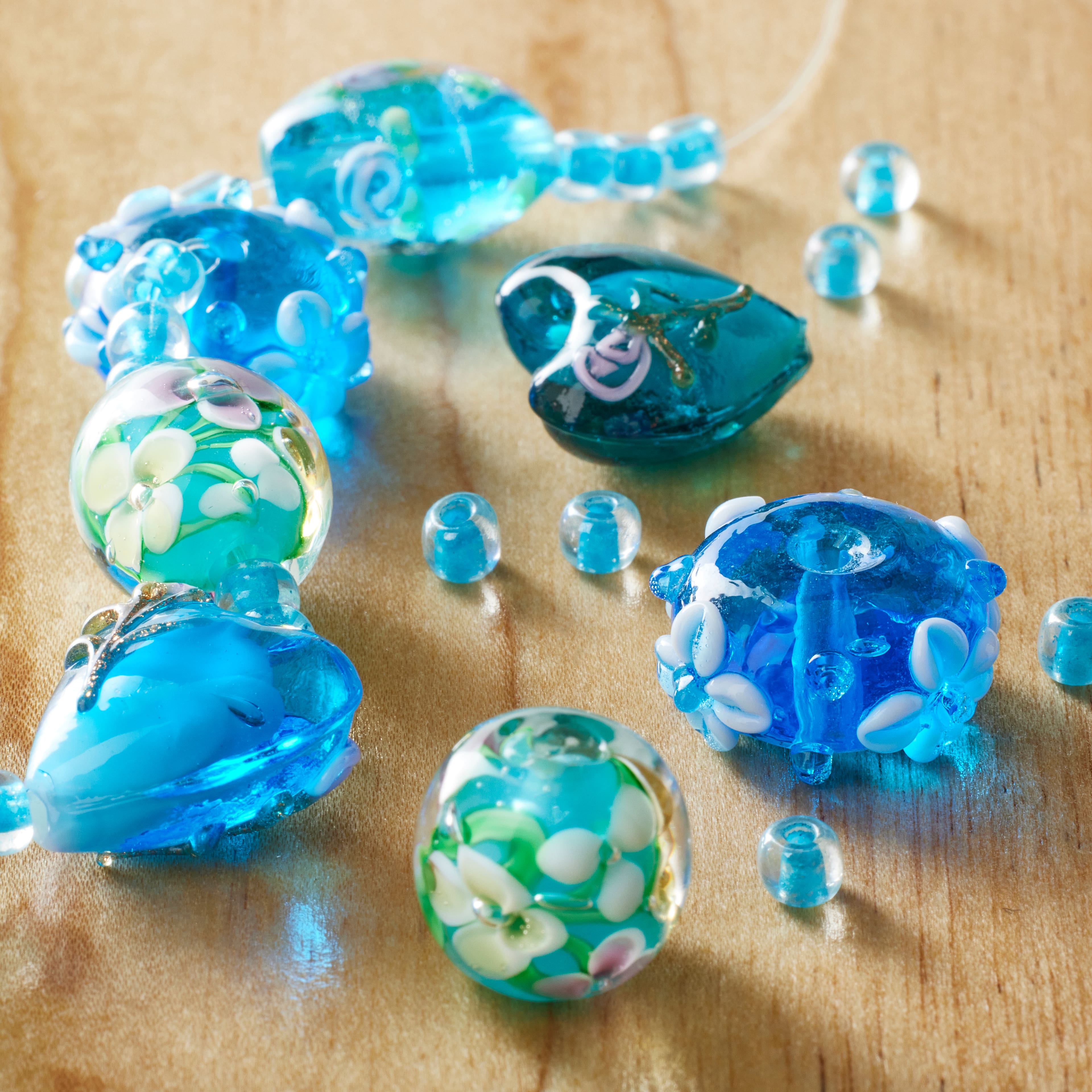 Aqua Heart & Flower Lampwork Glass Beads by Bead Landing™
