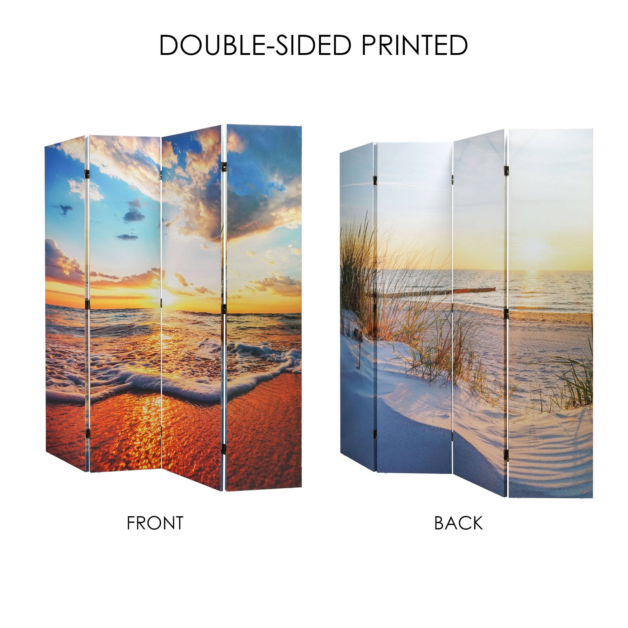 American Art Decor&#x2122; 6ft. Double-Sided 4-Panel Baltic Sea Beach Sunrise Portable Canvas Privacy Screen