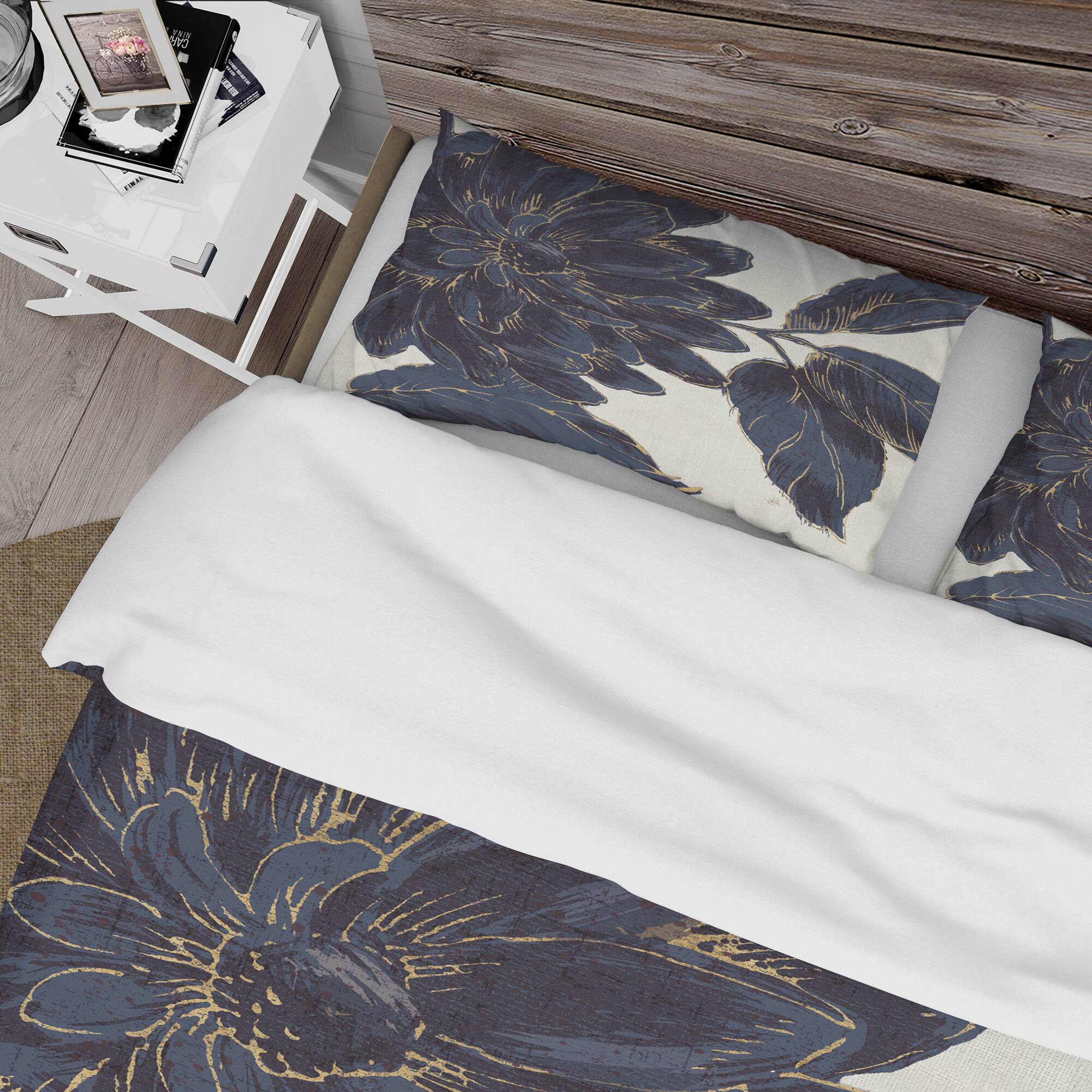 Designart 'Indigo Gold Metallic Flower' Farmhouse Bedding Set