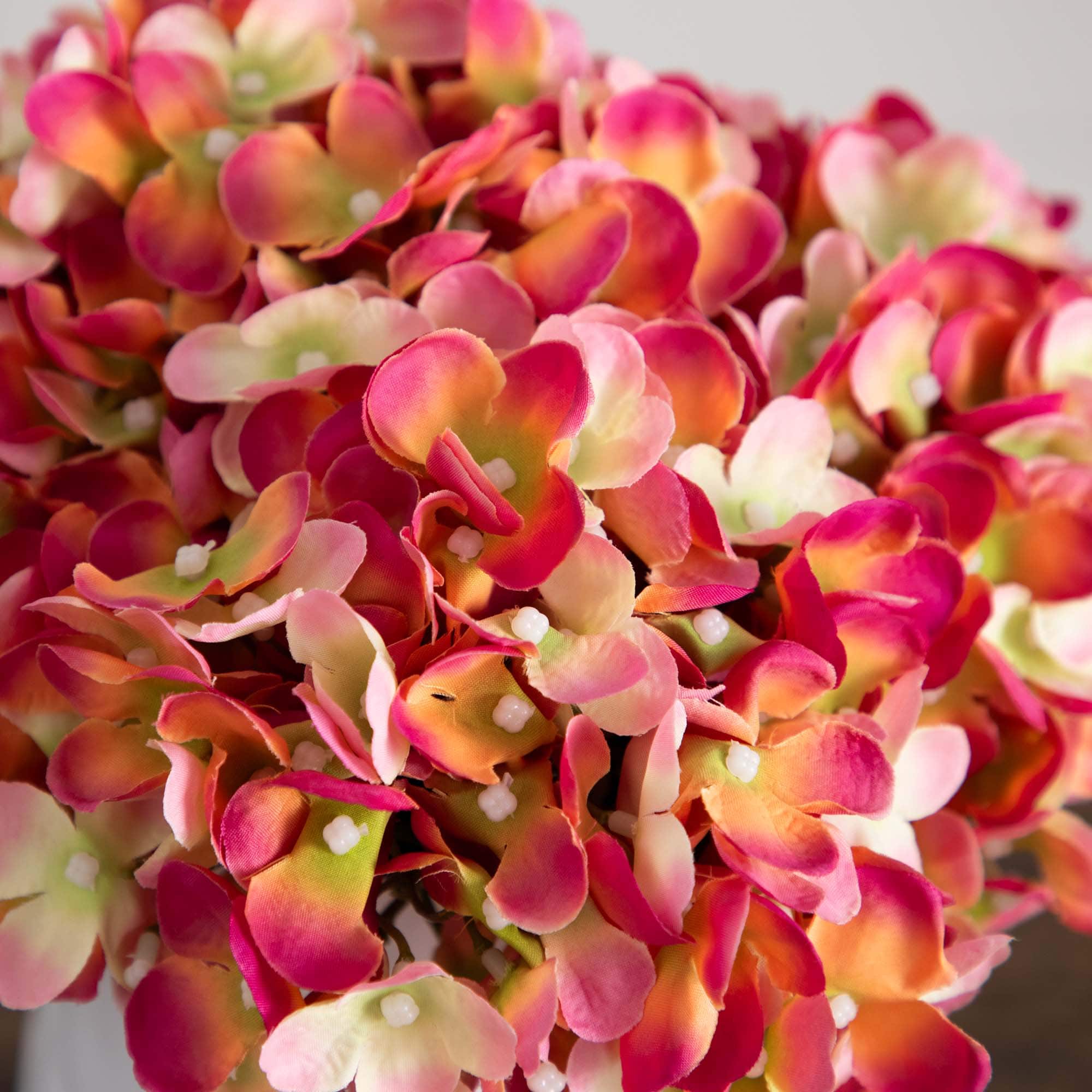 11" Pink Hydrangea Arrangement in White Metal Vase