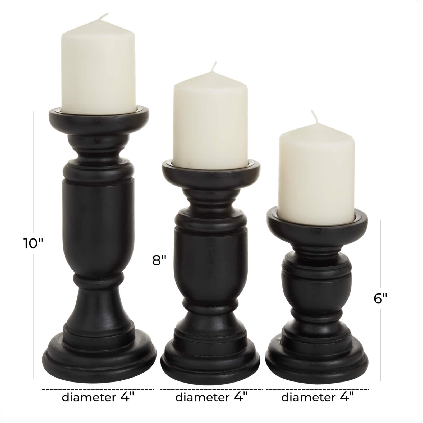 Set of 3 Black Mango Wood Traditional Candle Holders, 10&#x22; x 4&#x22; x 4&#x22;