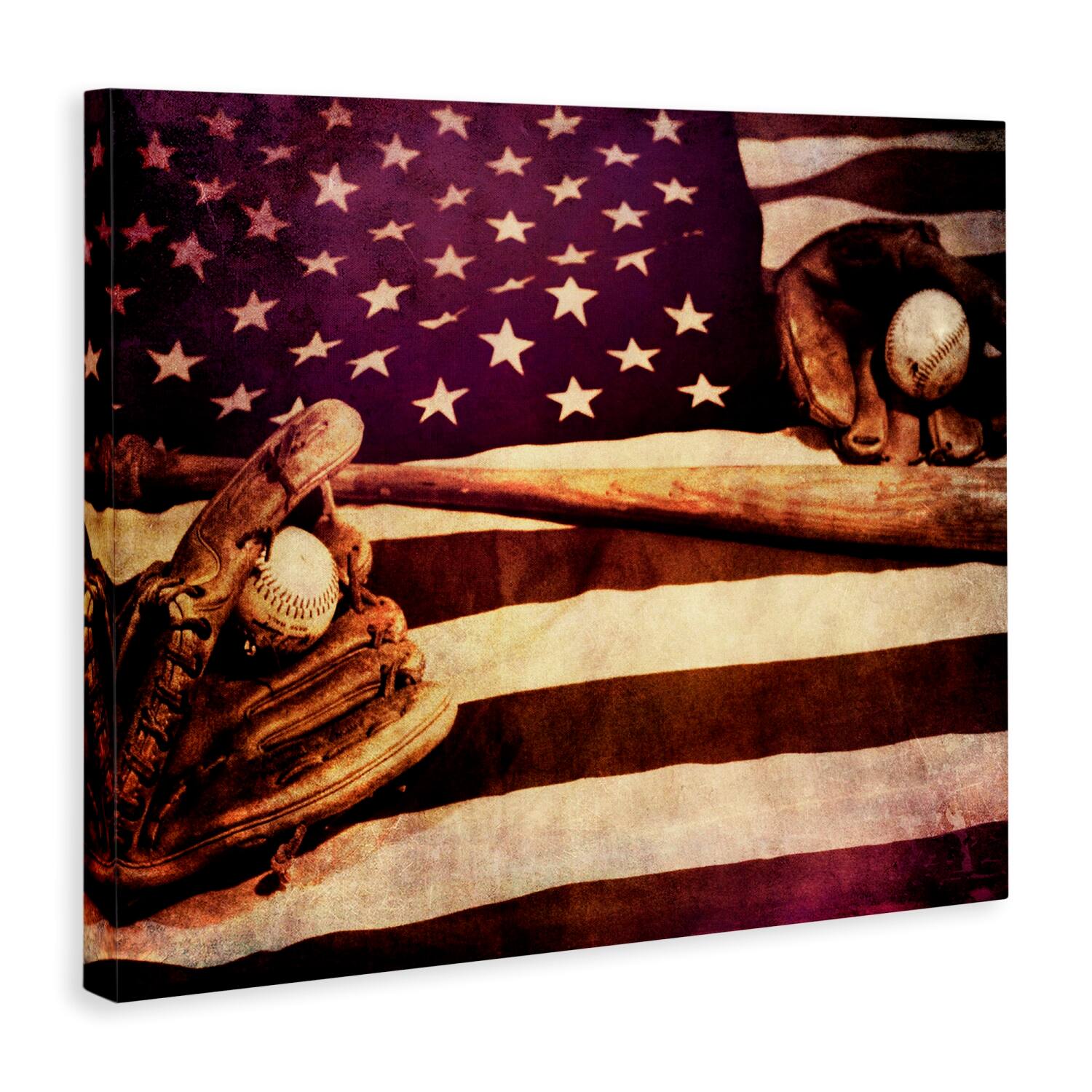 Stupell Industries American Flag Stripes Stars Baseball Mitt Sports Motif Canvas Wall Art