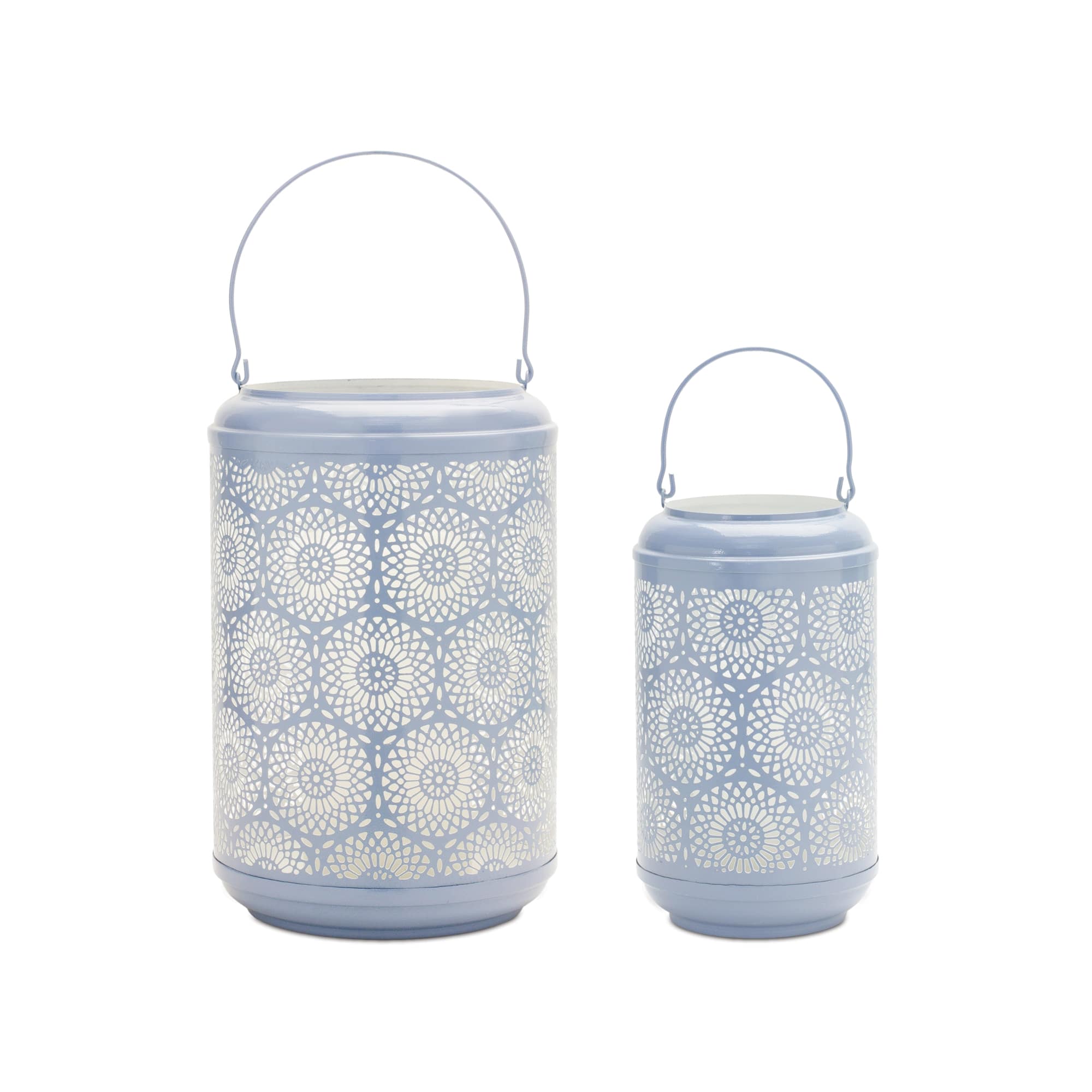 Blue Punched Metal Lantern Candle Holder Set, 11&#x22; &#x26; 13&#x22;