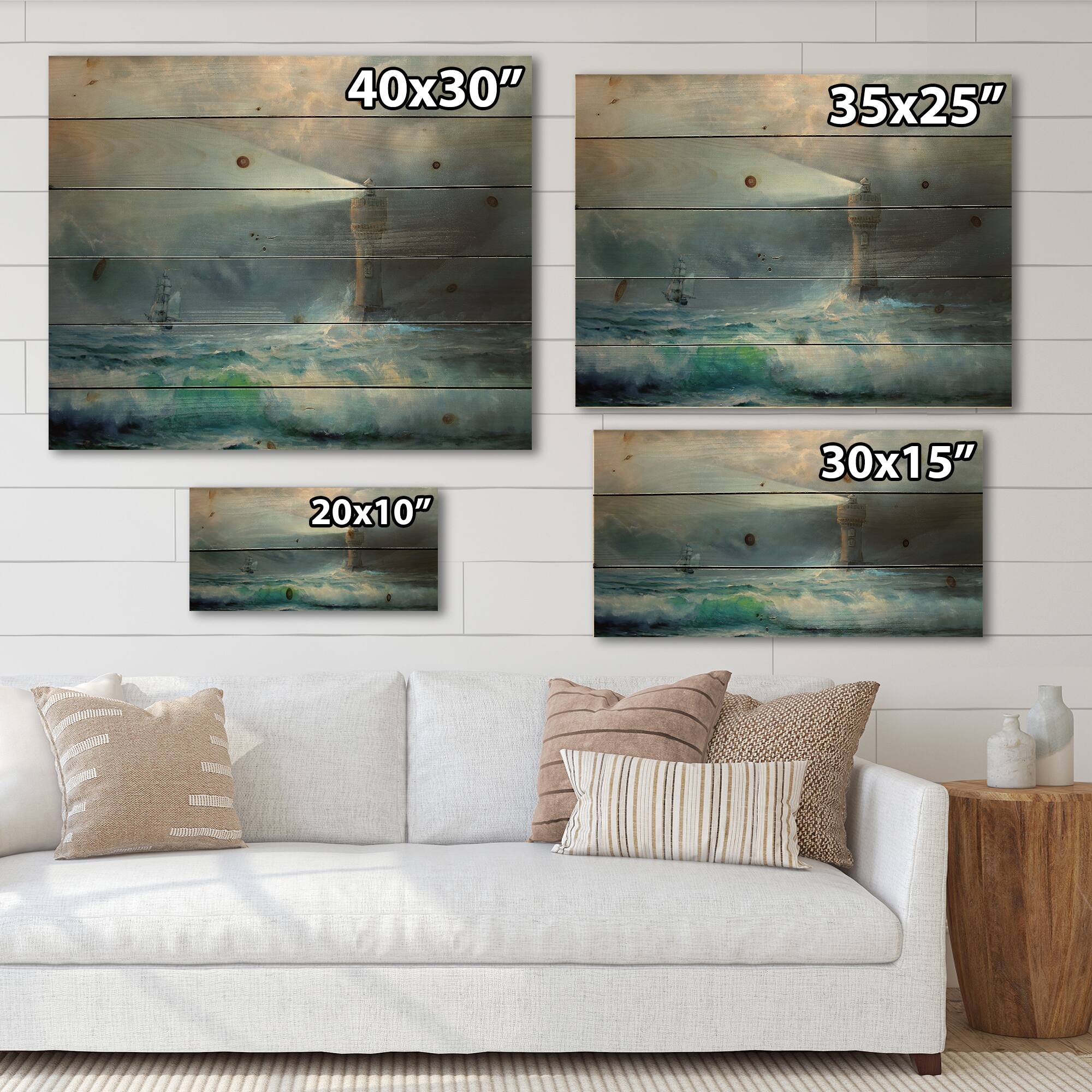 Designart - Lighthouse Shining Light During Stormy Night II - Nautical & Coastal Print on Natural Pine Wood