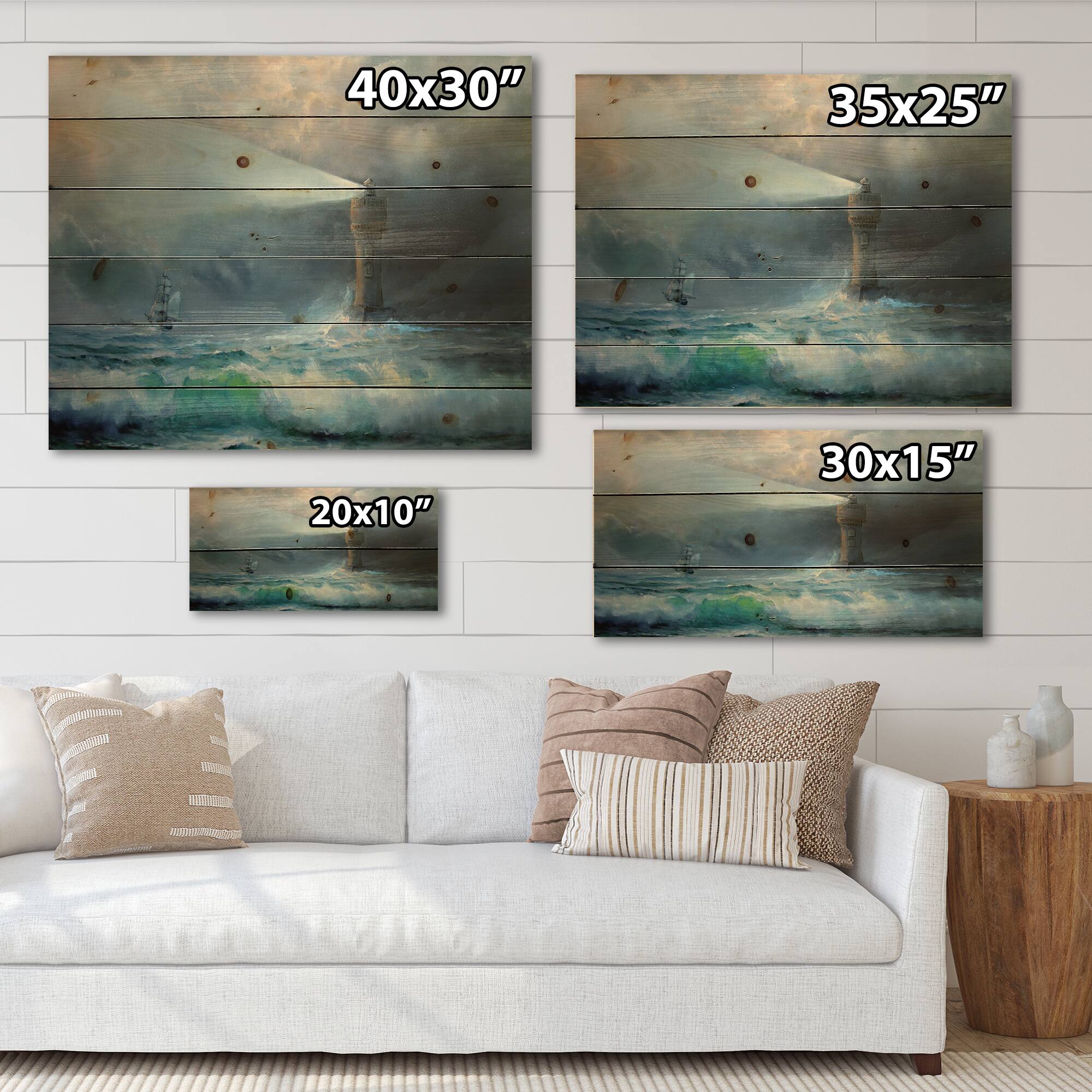 Designart - Lighthouse Shining Light During Stormy Night II - Nautical &#x26; Coastal Print on Natural Pine Wood