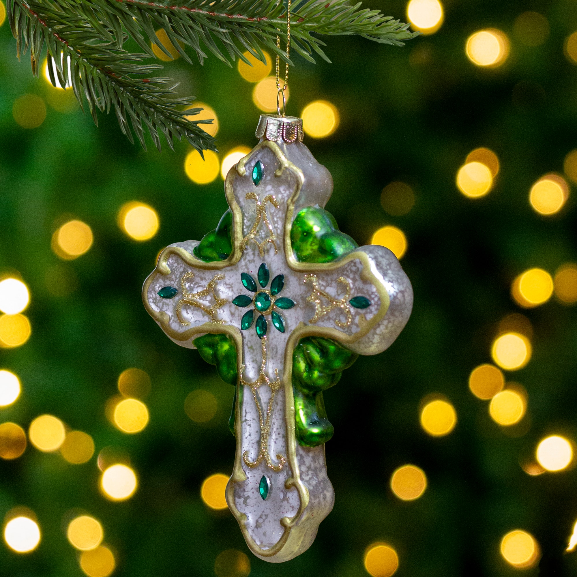 5" Luck of the Irish Green & White Mercury Glass Cross Christmas Ornament