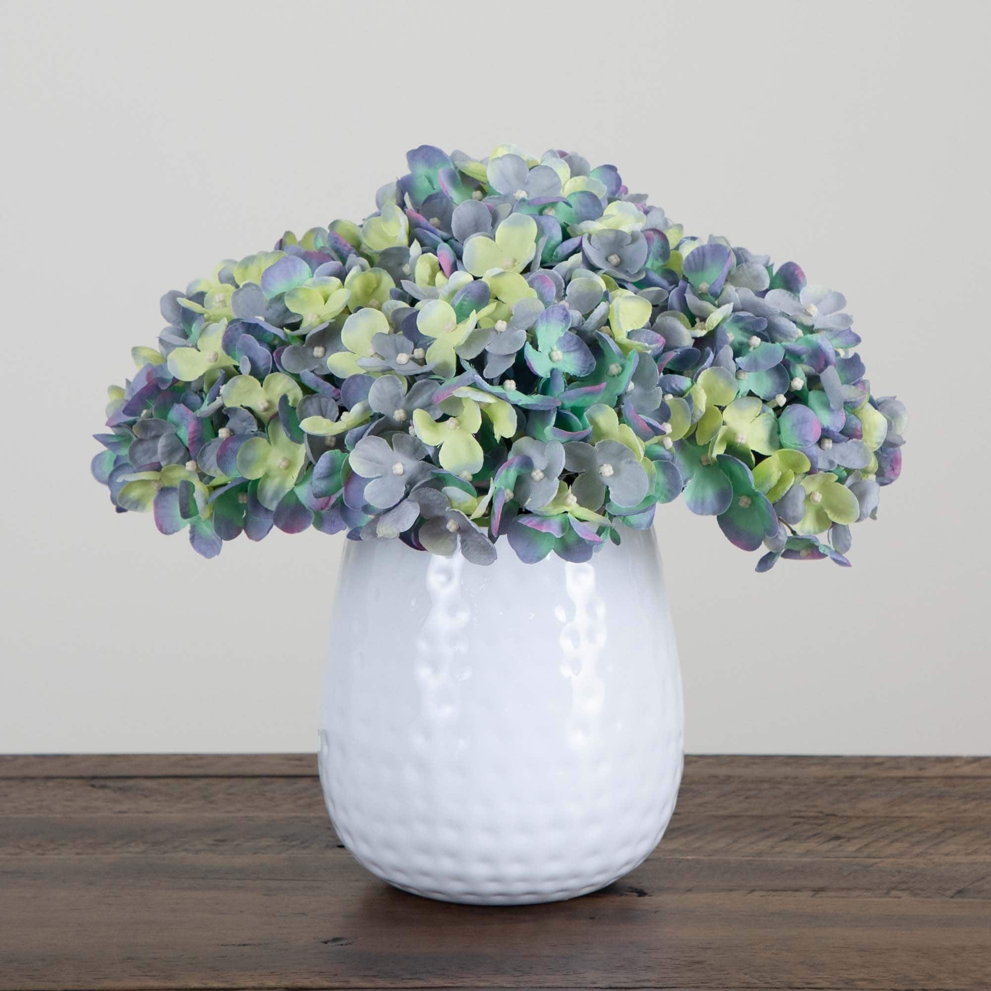 11" Blue Hydrangea Arrangement in White Metal Vase