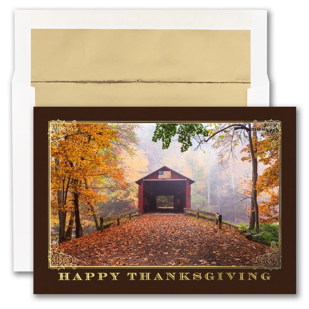 JAM Paper Blank Covered Bridge Thanksgiving Thank You Cards &#x26; Envelopes Set, 25ct.