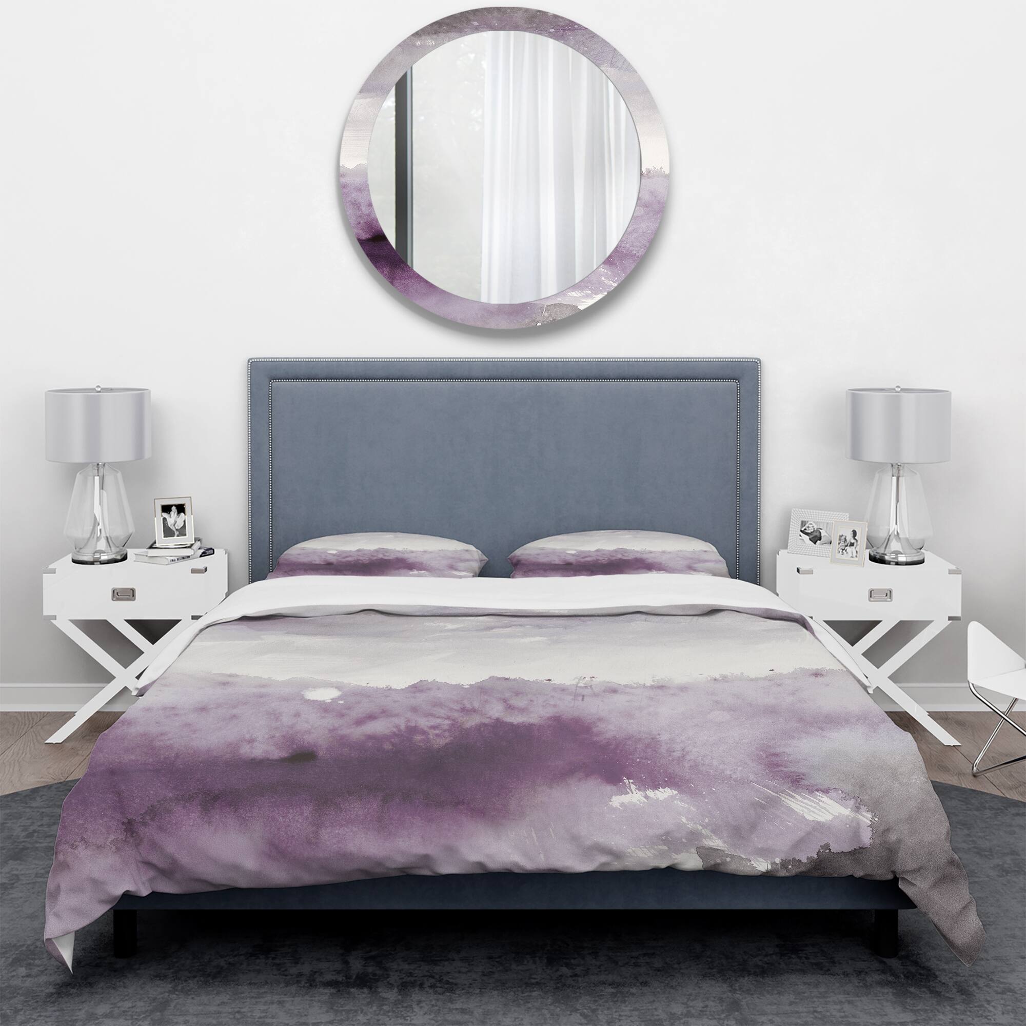Designart &#x27;Midnight at the Lake II Amethyst and Grey&#x27; Geometric Bedding Set - Duvet Cover &#x26; Shams