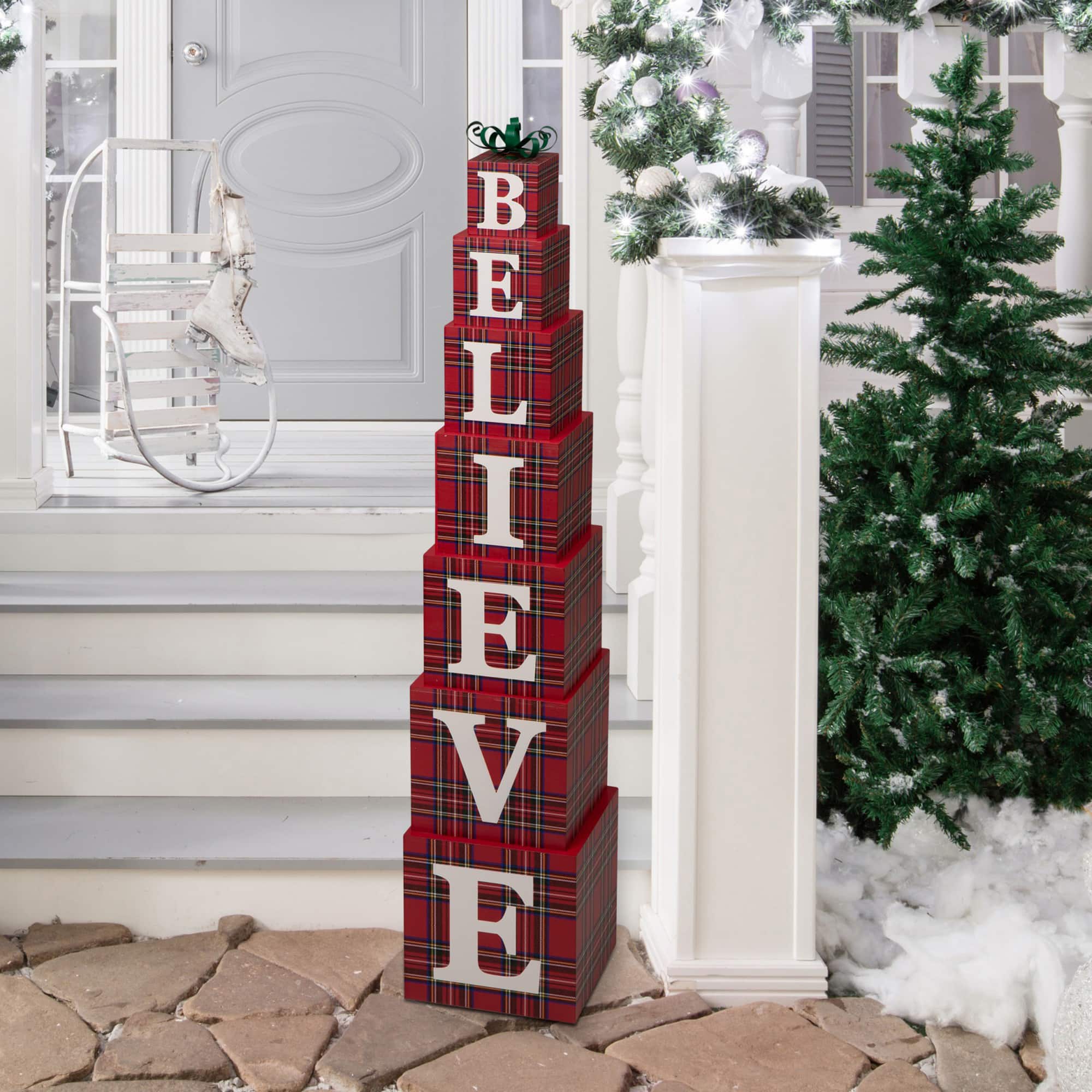 Glitzhome® 3.5ft. Wooden Plaid Believe Porch Décor
