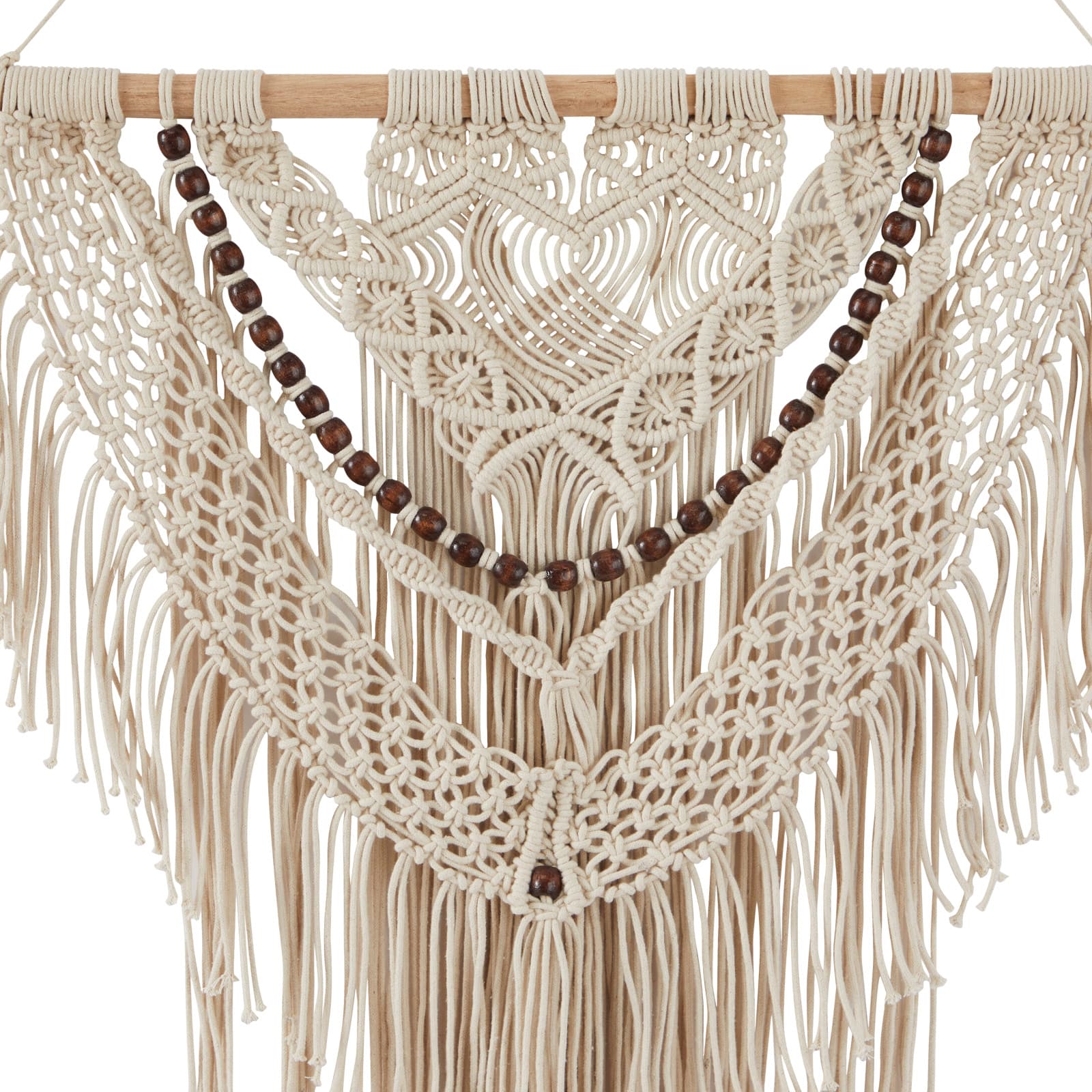 Cream Cotton Intricately Weaved Macrame Wall Decor with Beaded Fringe Tassels 25" x 1" x 44"