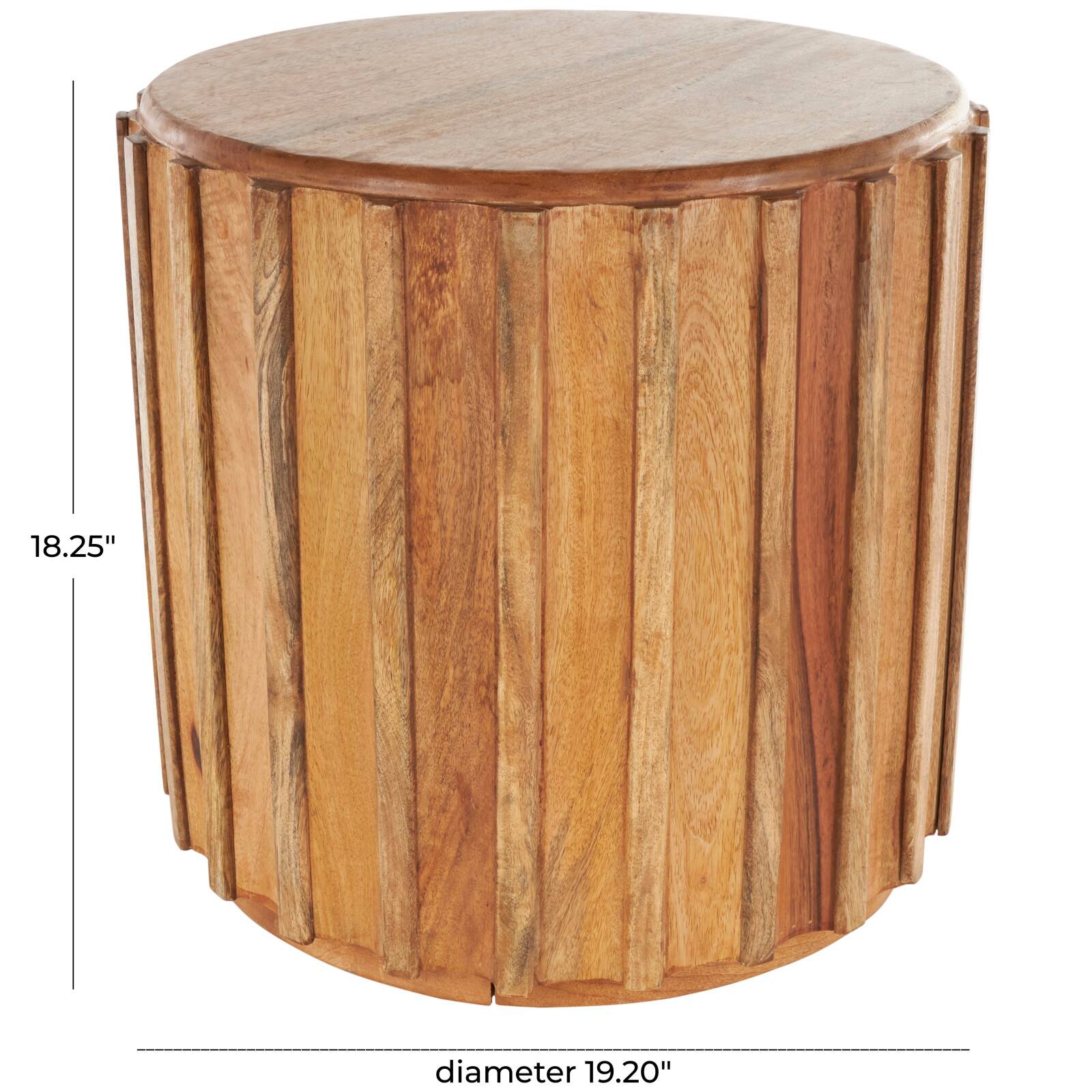 18.25" Brown Mango Wood Handmade Concaved Curve Drum Accent Table with Ridges