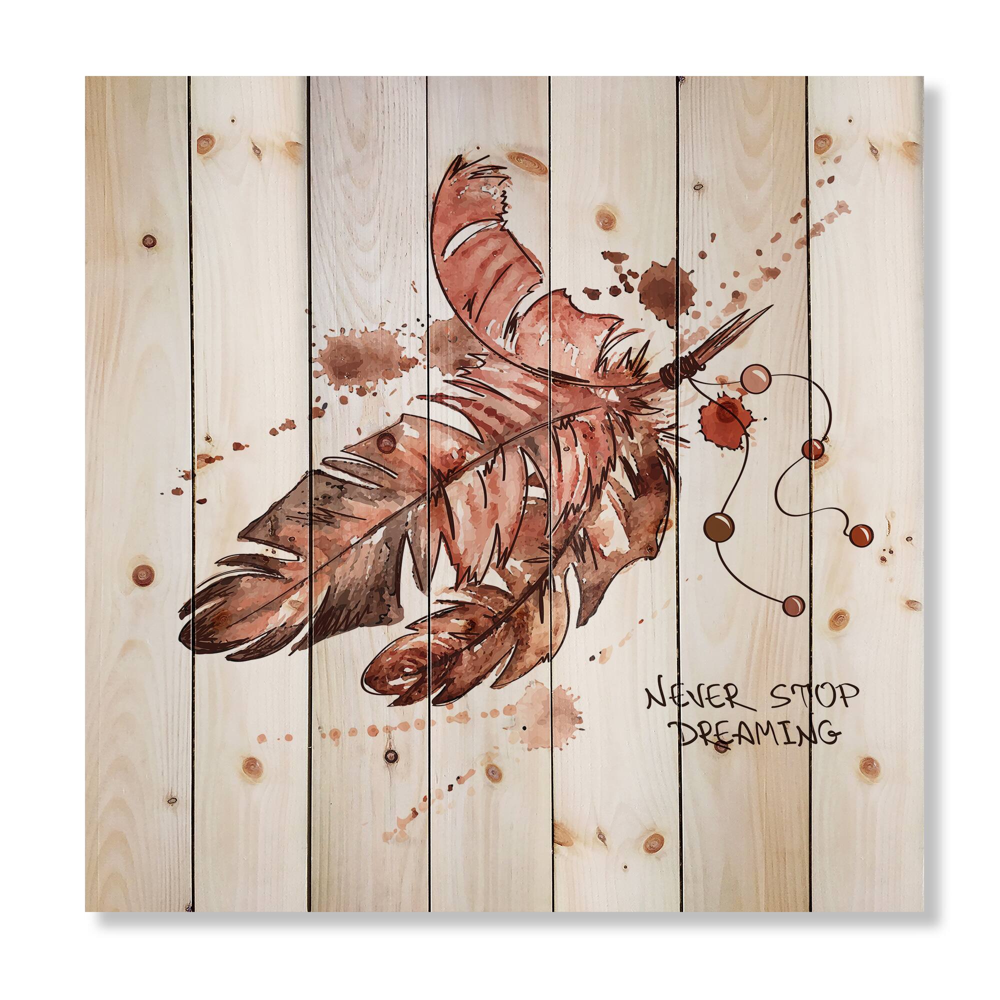 Designart - Bird Feathers In Earth Tones - Bohemian & Eclectic Print on Natural Pine Wood