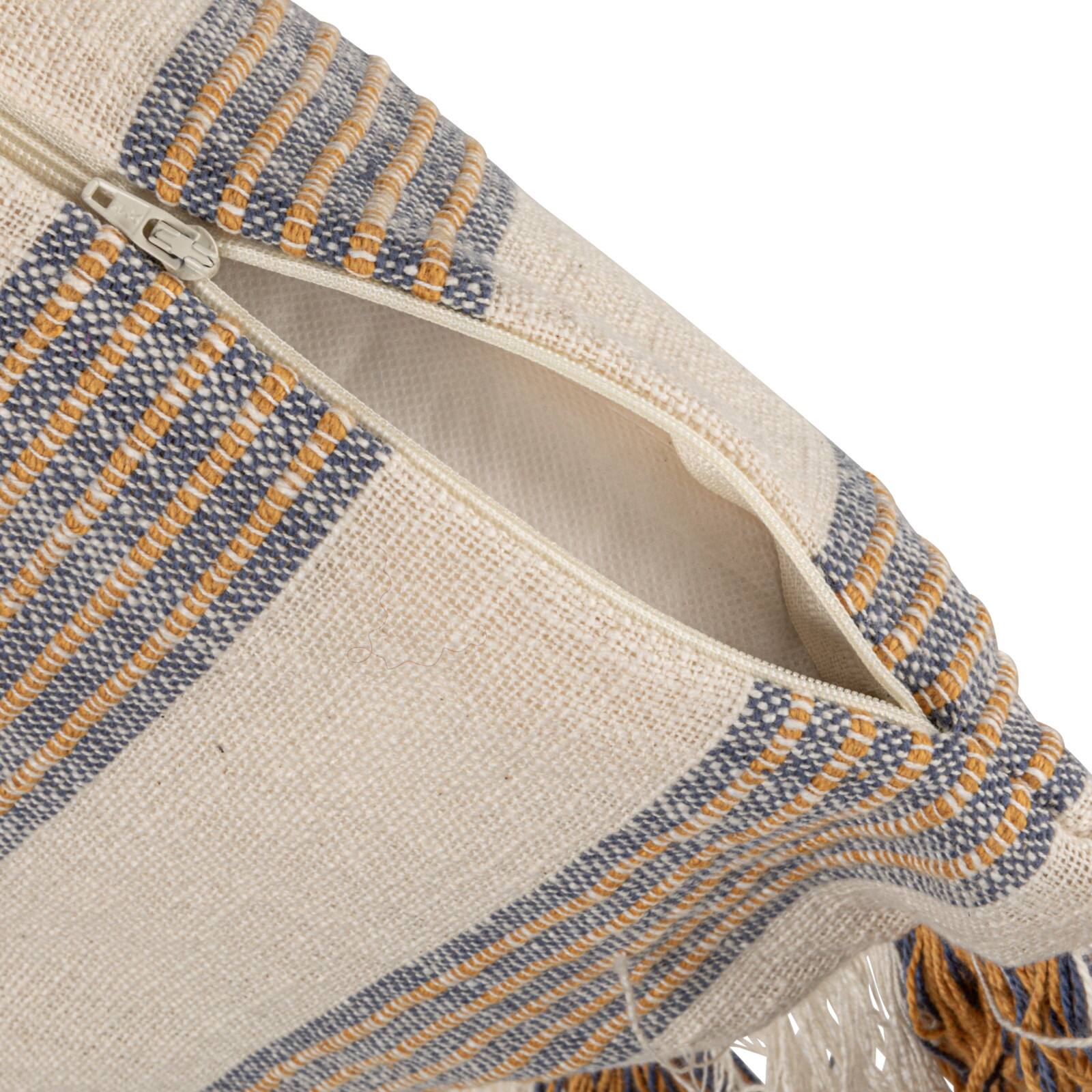 Hello Honey® Blue & Yellow Stripes on Cream Cotton Throw Pillow with Fringe