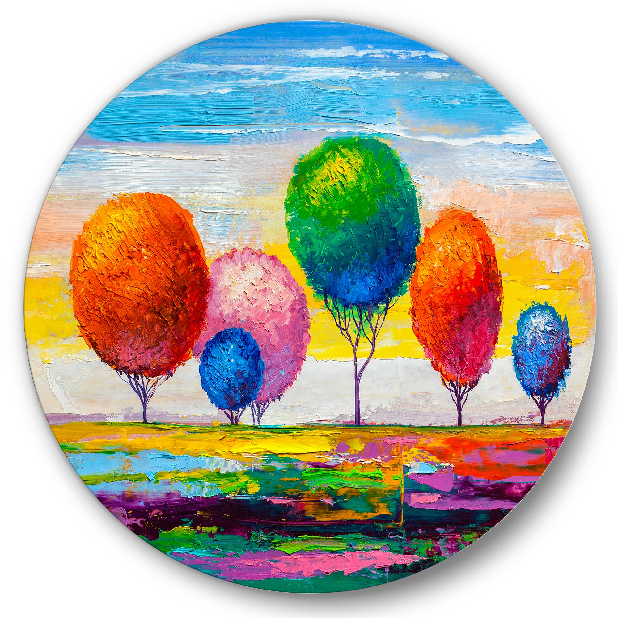 Designart - Colourful Ornamental Trees VI - Modern Metal Circle Wall Art