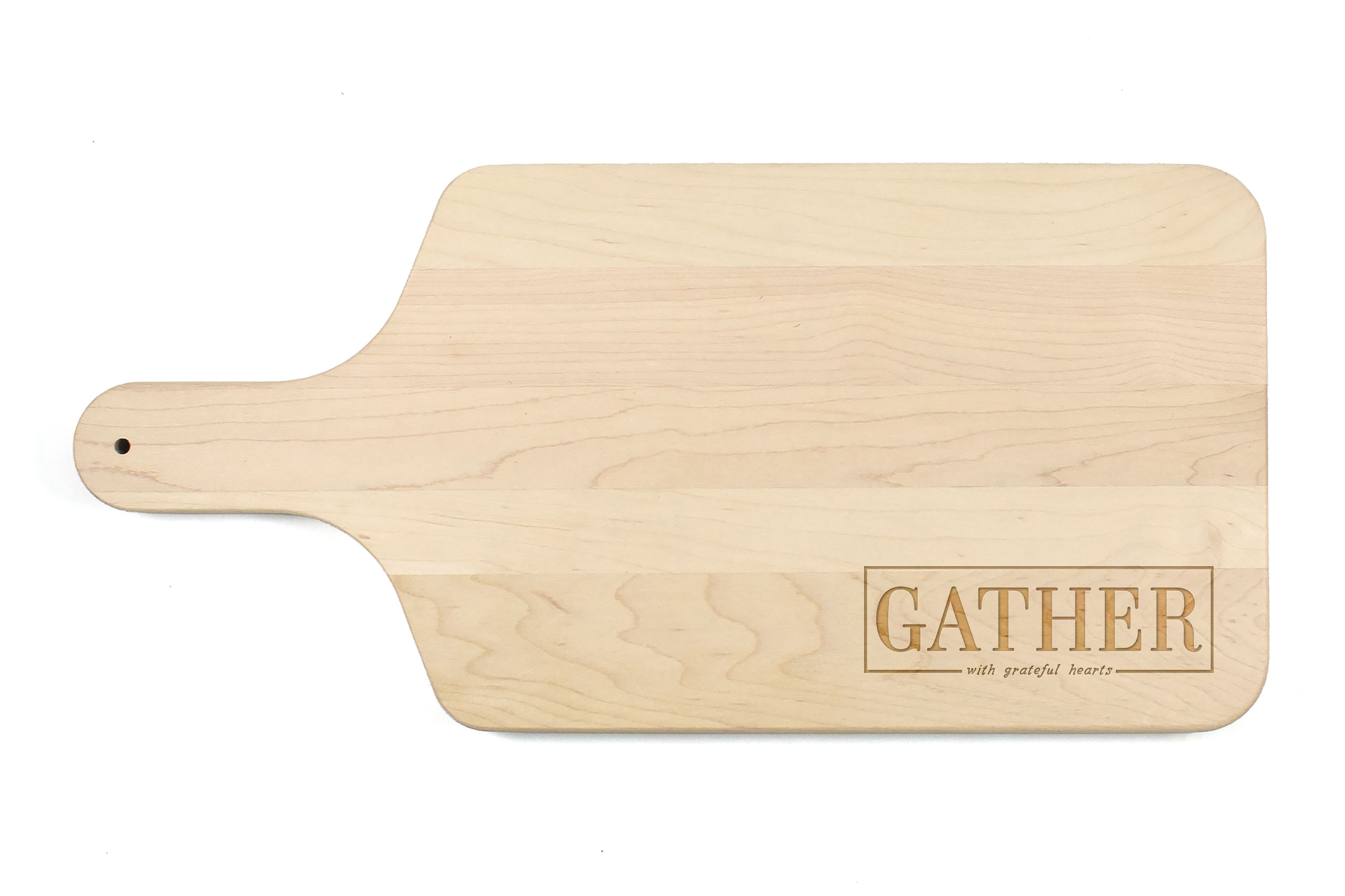 17" Gather Here with Grateful Hearts Maple Paddle Cutting Board
